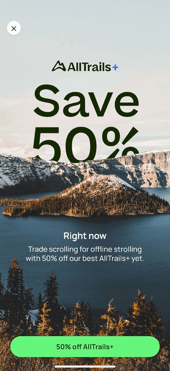 Paywall showing a 50% off discount placed clearly above subscription options.