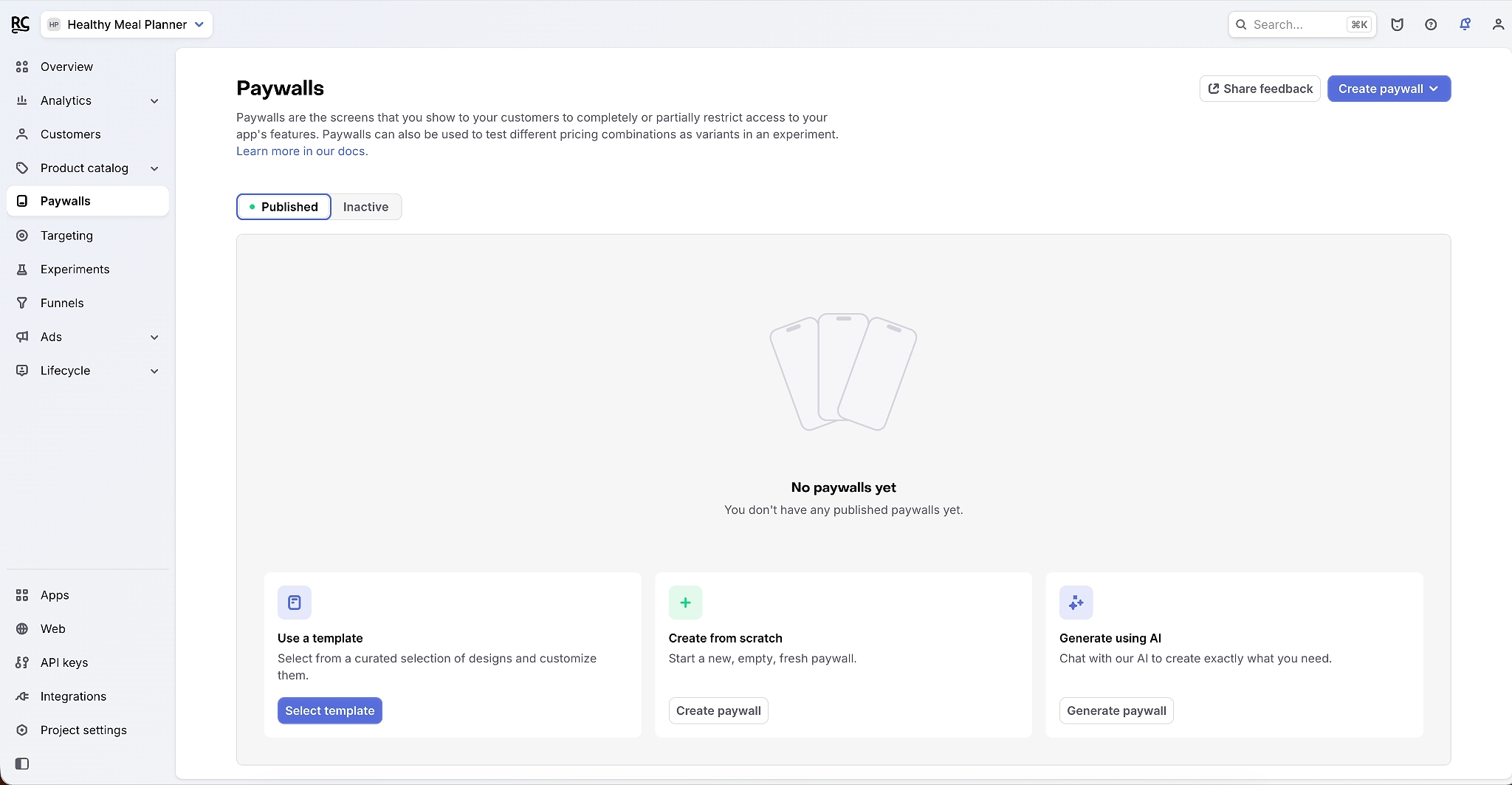 RevenueCat’s Paywalls page for the Healthy Meal Planner project, showing that no paywalls have been published and offering options to use a template, create one from scratch, or generate one with AI.
