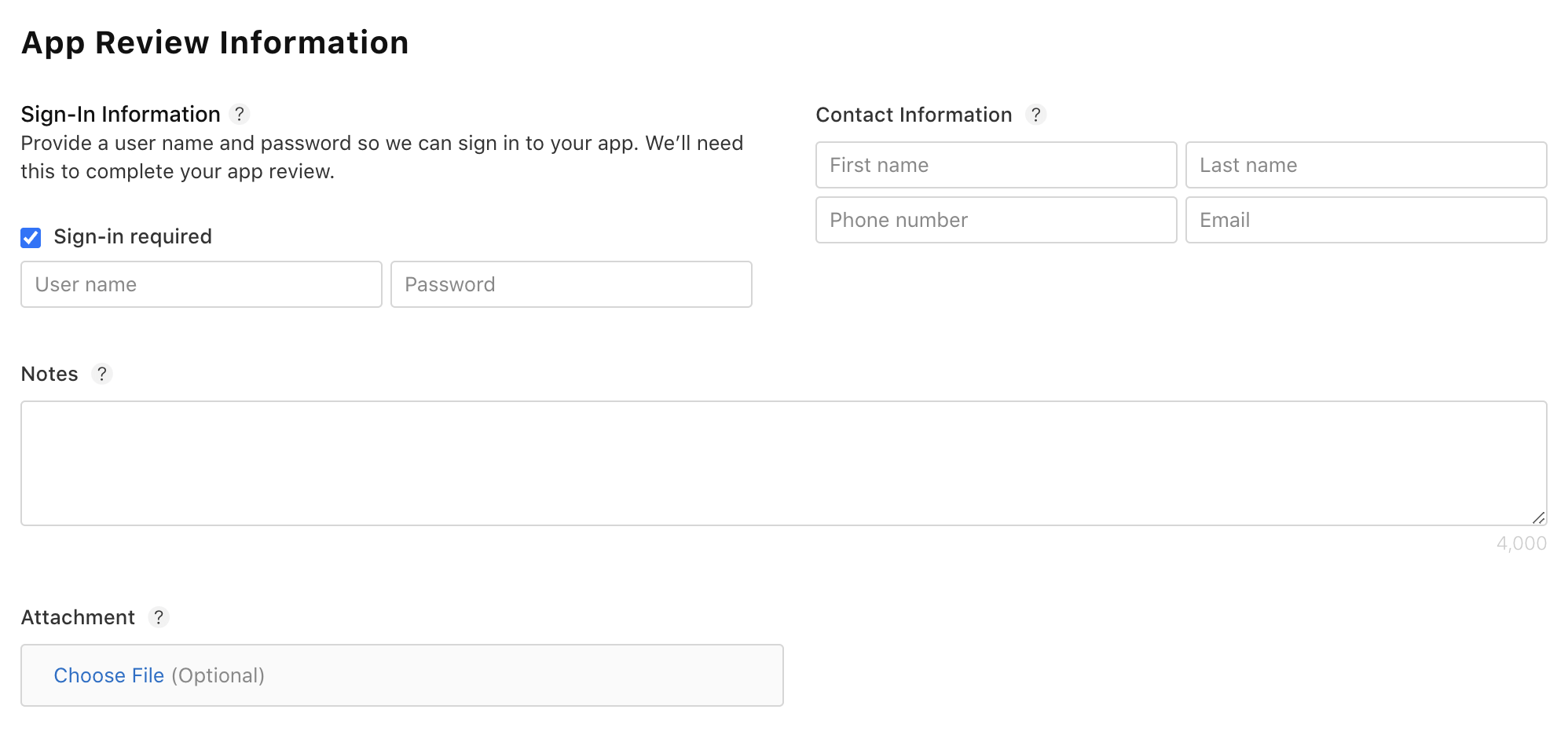 App Store Connect app review information fields