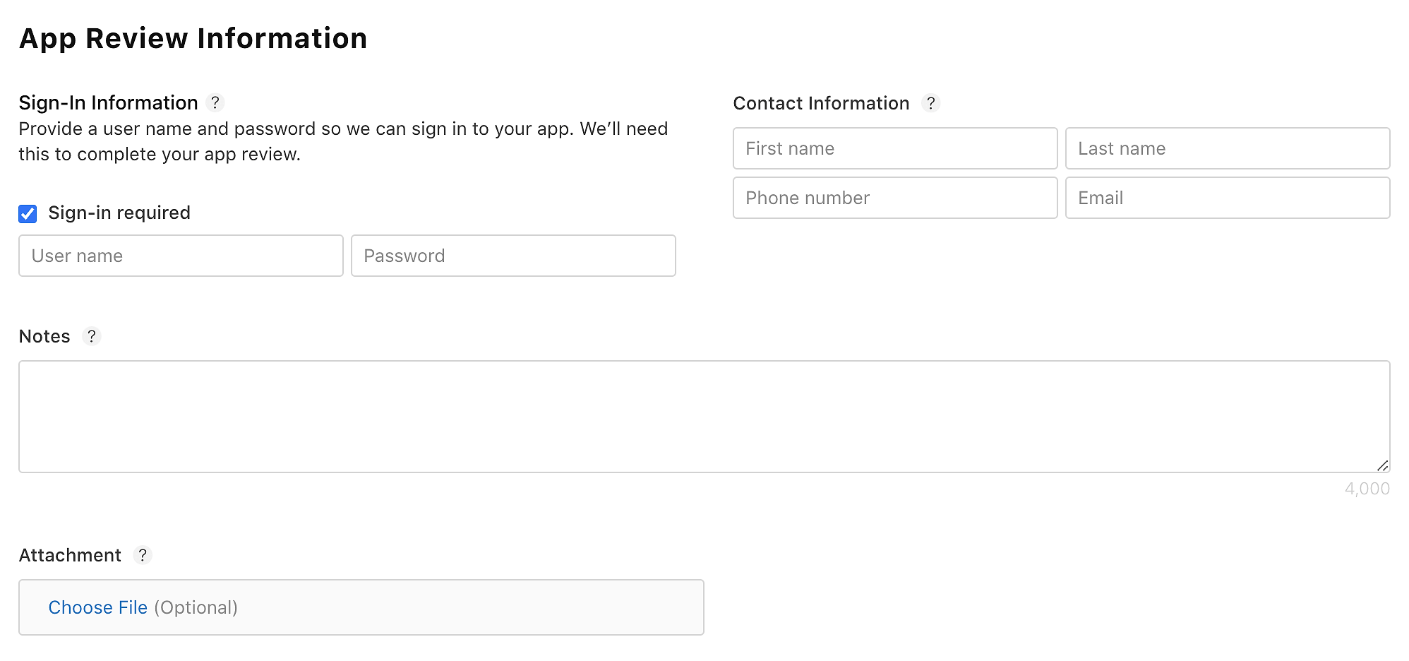 App Store Connect app review information fields