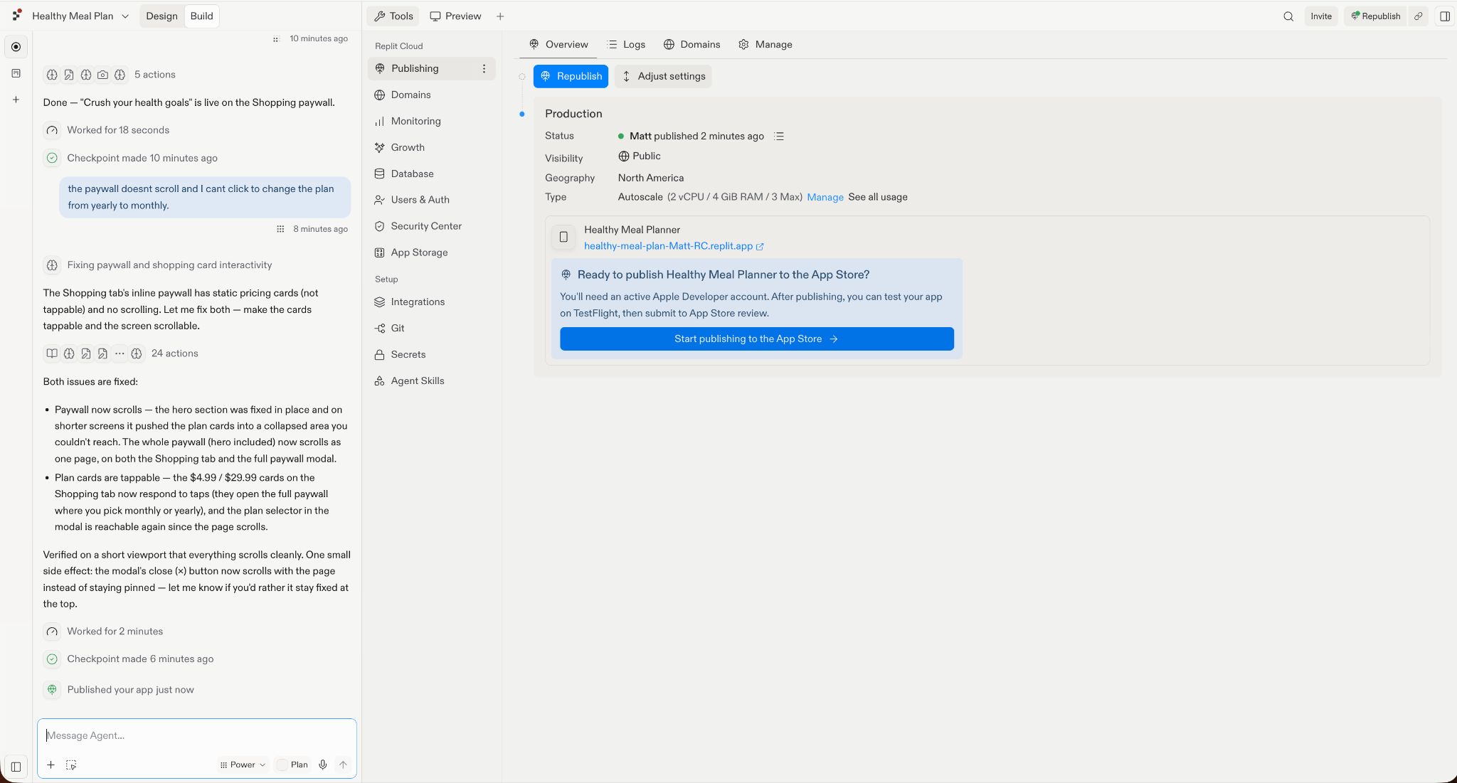 Replit Cloud’s production publishing overview shows the Healthy Meal Planner app live at a Replit URL, with North America deployment details and an option to begin publishing it to the App Store.