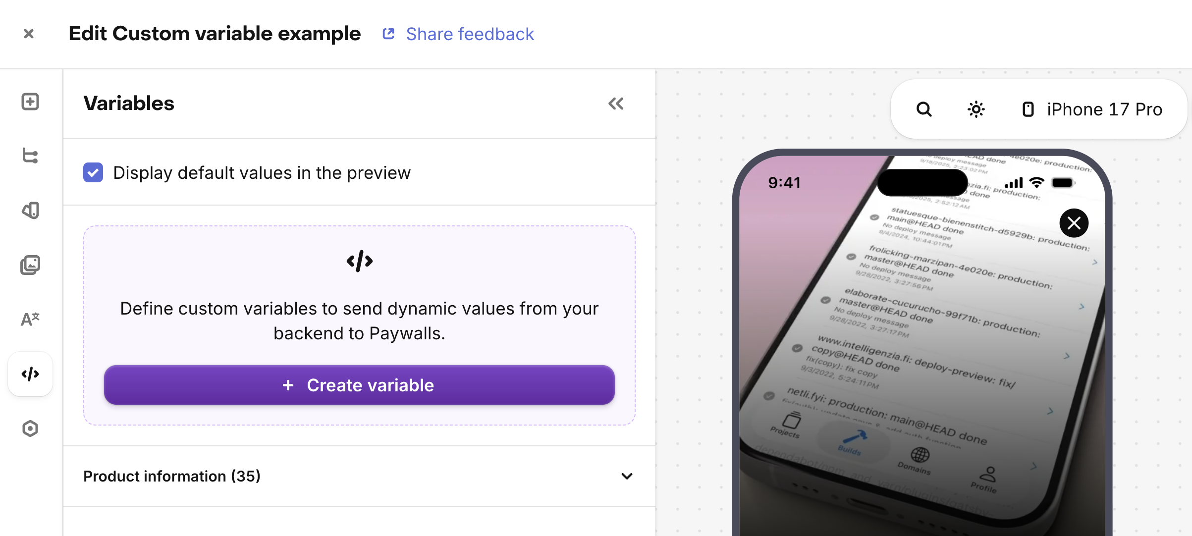 Screenshot: the Paywall Editor sidebar showing the Variables section with the "Create variable" button