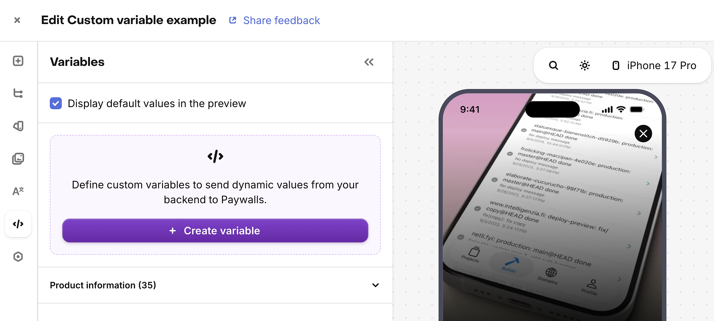 Screenshot: the Paywall Editor sidebar showing the Variables section with the "Create variable" button