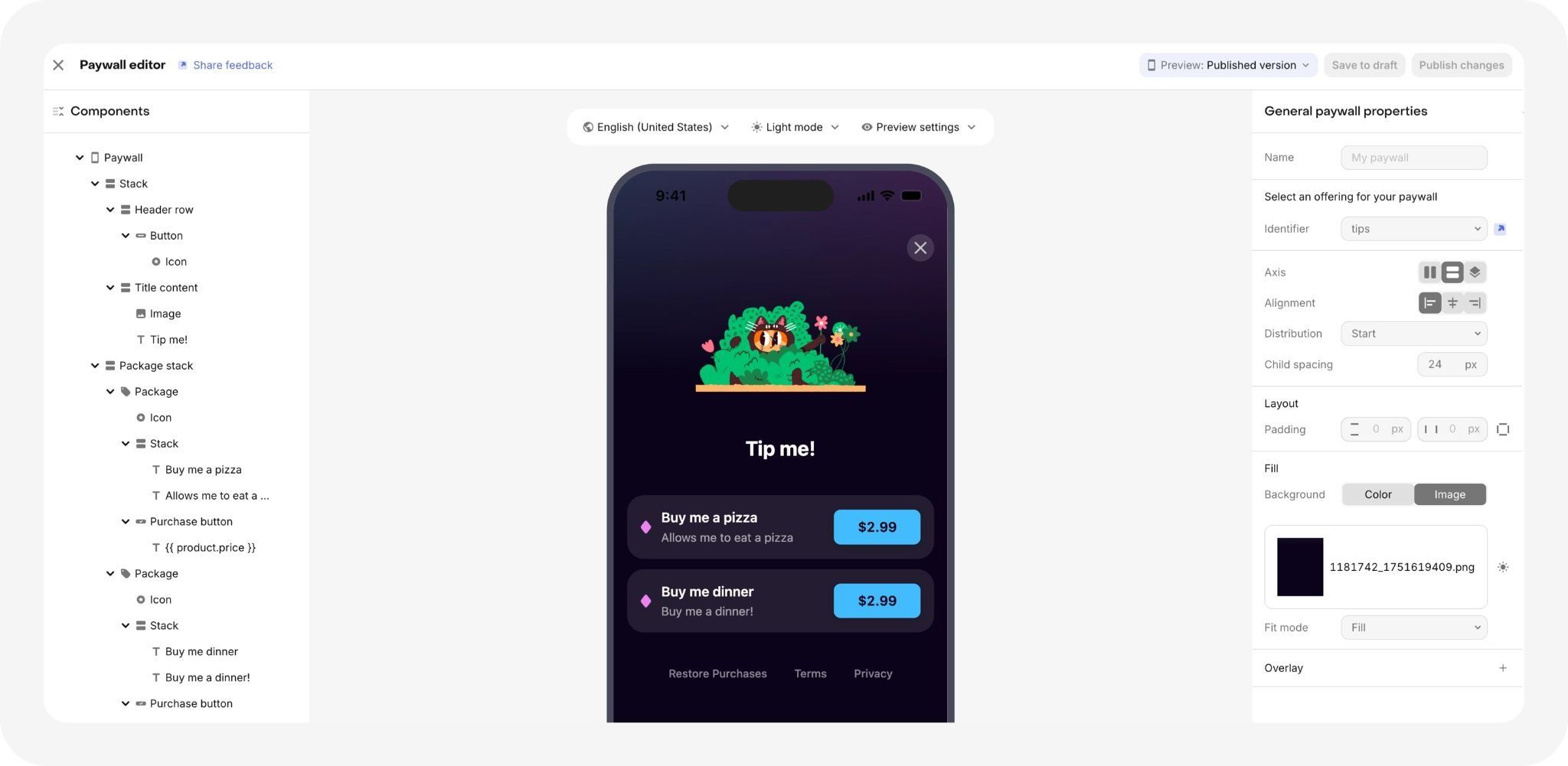 Screenshot of RevenueCat Paywall builder 