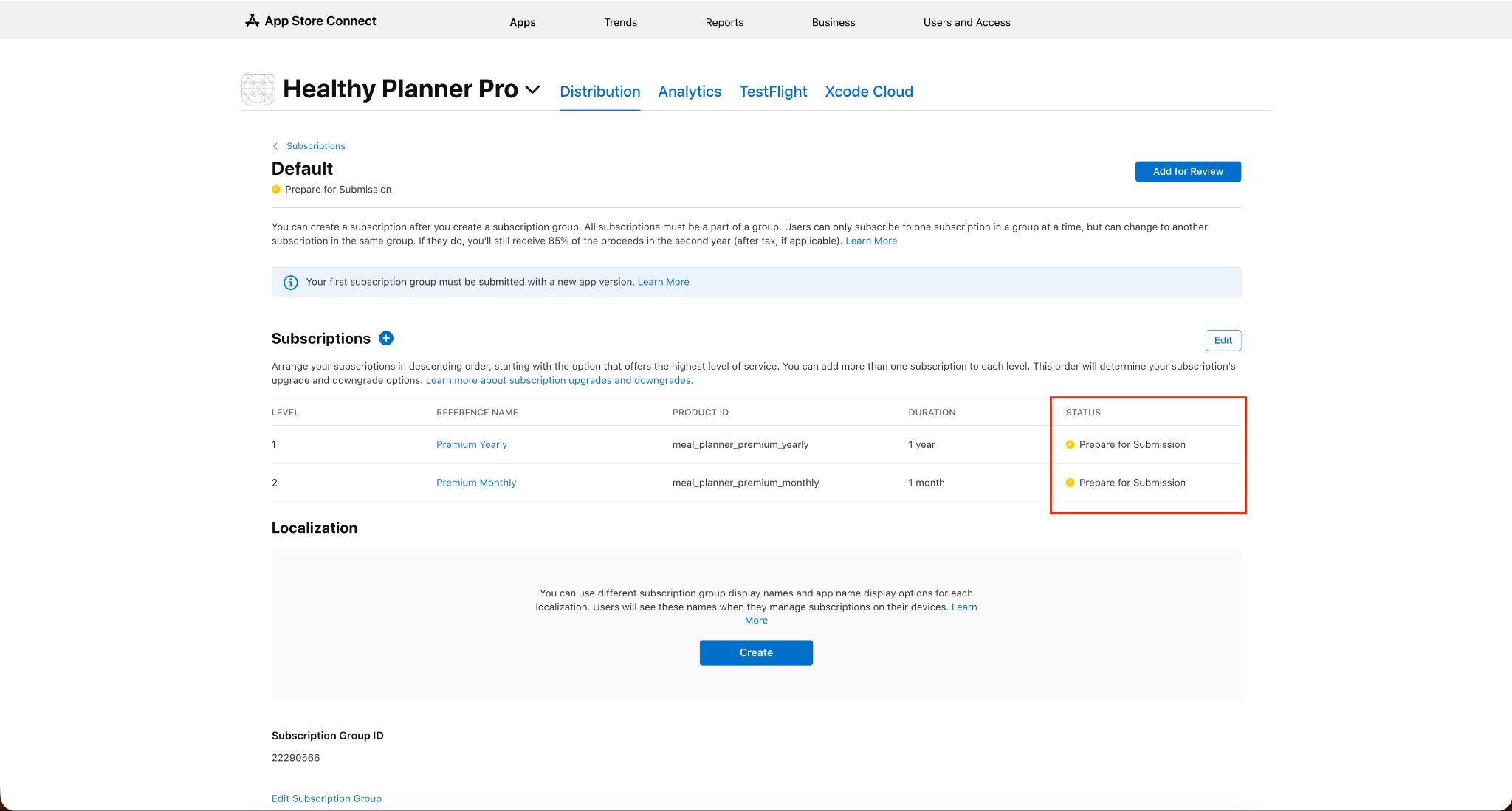 App Store Connect’s subscription group for Healthy Planner Pro lists Premium Yearly and Premium Monthly subscriptions, both marked "Prepare for Submission", with an option to add the group for review.