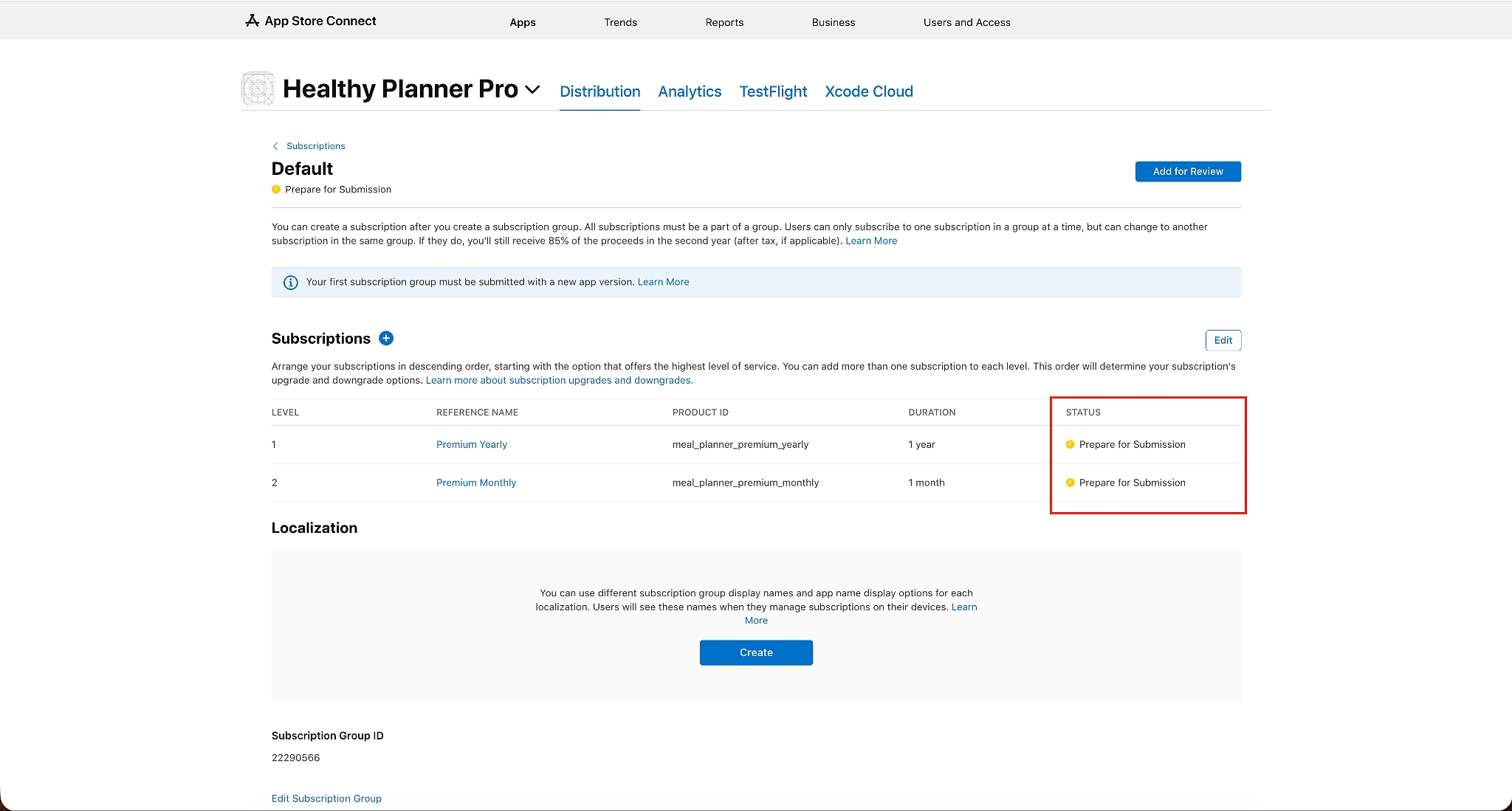 App Store Connect’s subscription group for Healthy Planner Pro lists Premium Yearly and Premium Monthly subscriptions, both marked "Prepare for Submission", with an option to add the group for review.