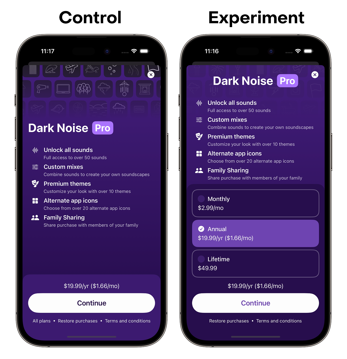 Screenshot of the two paywalls I was running an experiment on to compare performance.