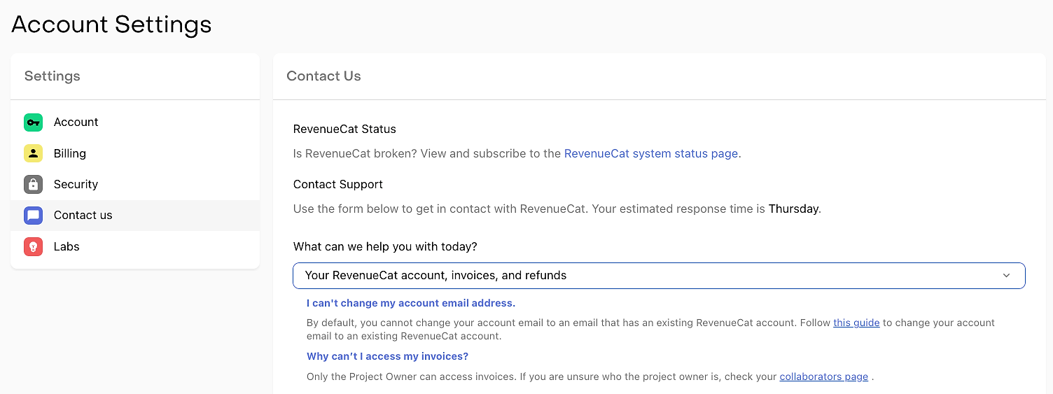 Documentation suggestions built directly into the support contact form.