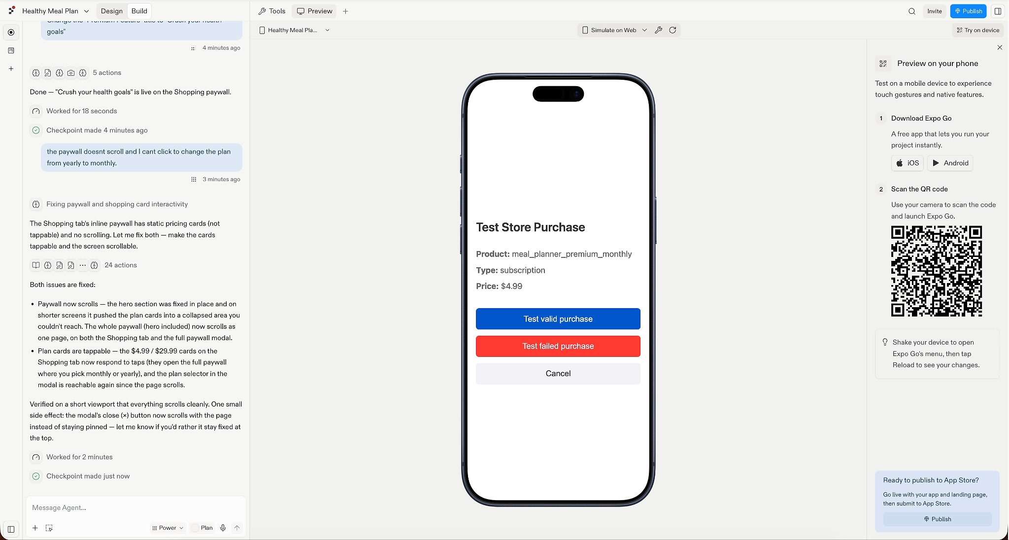 Replit’s mobile preview shows a RevenueCat Test Store purchase screen for the monthly premium subscription, with options to test a valid or failed purchase, or cancel.