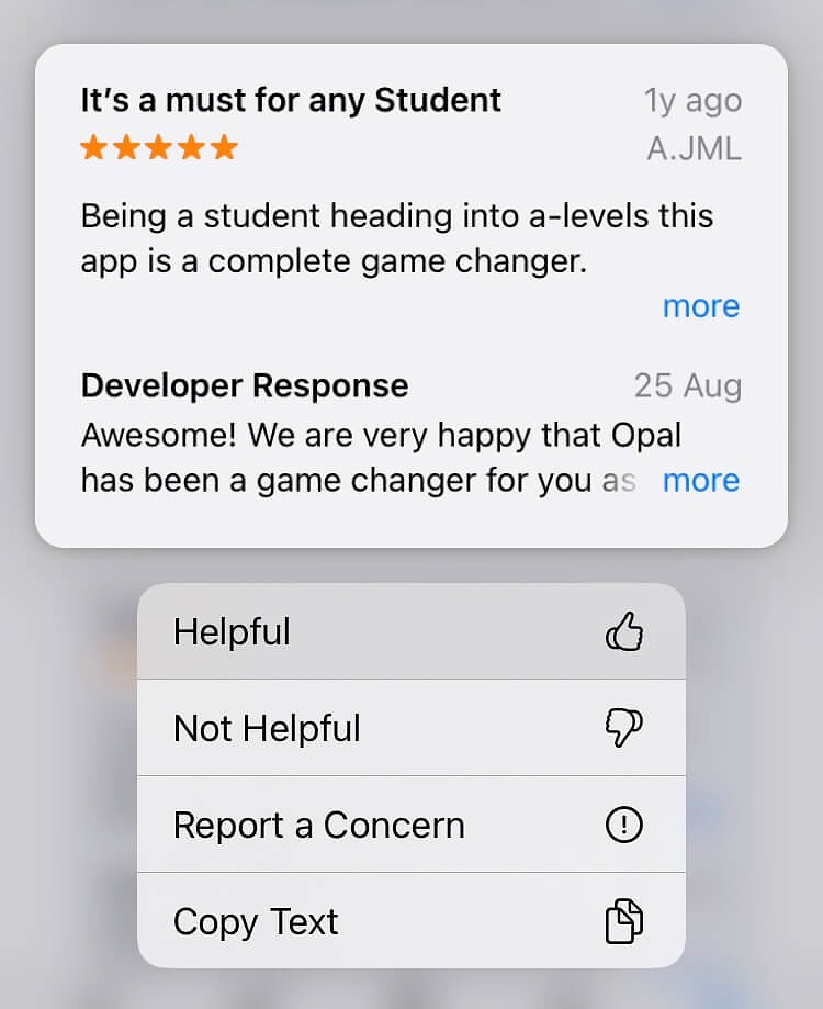 Long pressing a review in the app store allows you to mark it as "Helpful"