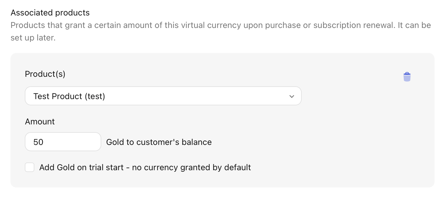 The product-to‑currency mapping UI for virtual currency as shown in the RevenueCat dashboard
