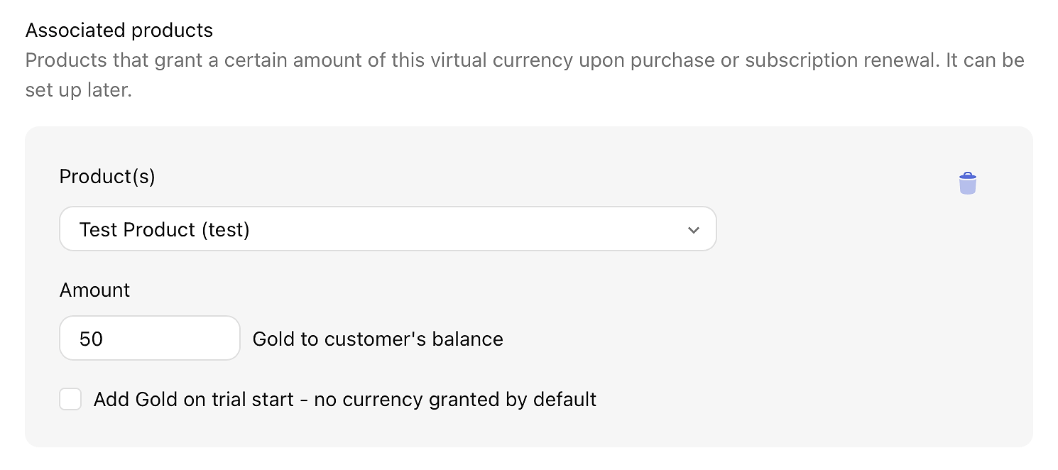 The product-to‑currency mapping UI for virtual currency as shown in the RevenueCat dashboard