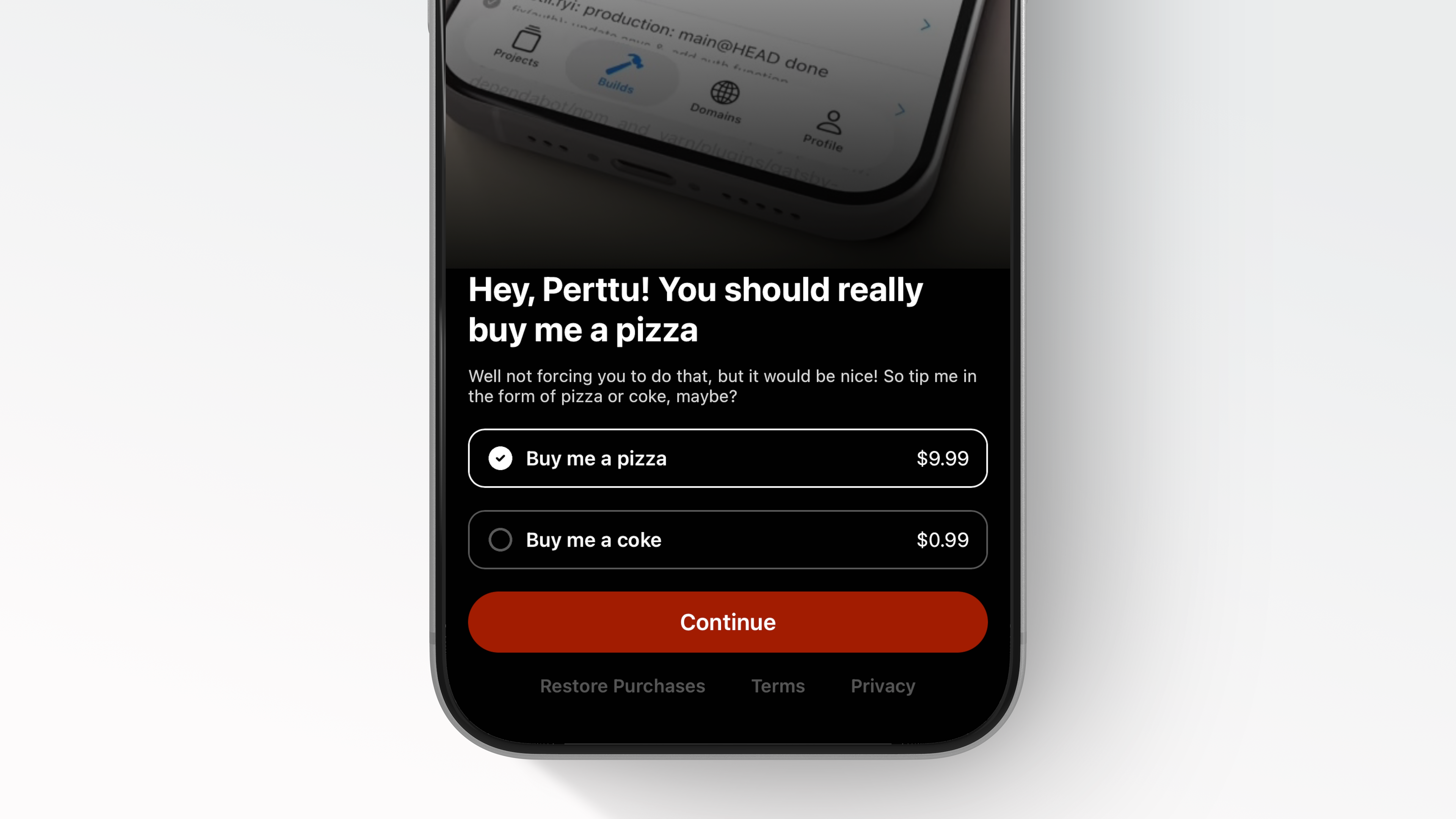 Screenshot: the paywall showing the personalized title with the customer's name