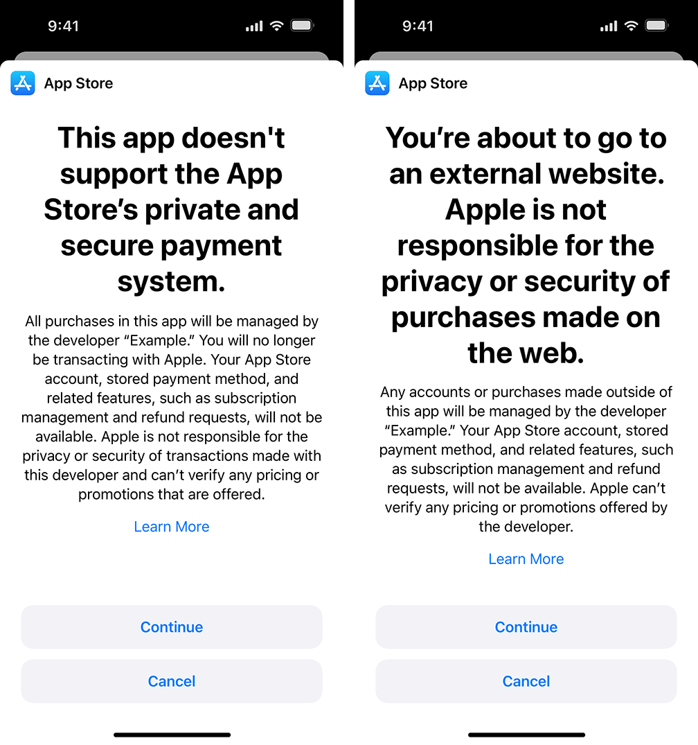 Left: For alternative purchases in app. Right: For linking out to purchases (same system as dating apps in The Netherlands and linking out in the US following the Epic case).