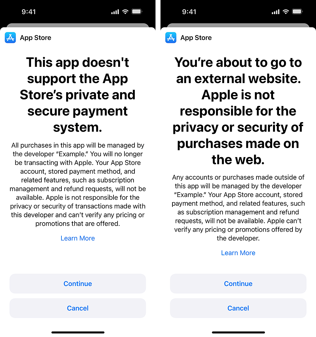 Left: For alternative purchases in app. Right: For linking out to purchases (same system as dating apps in The Netherlands and linking out in the US following the Epic case).