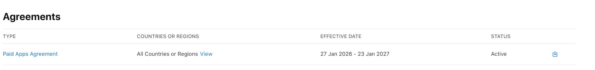 App Store Connect’s Agreements page shows an active Paid Apps Agreement covering all countries or regions, effective from January 27, 2026, to January 23, 2027.
