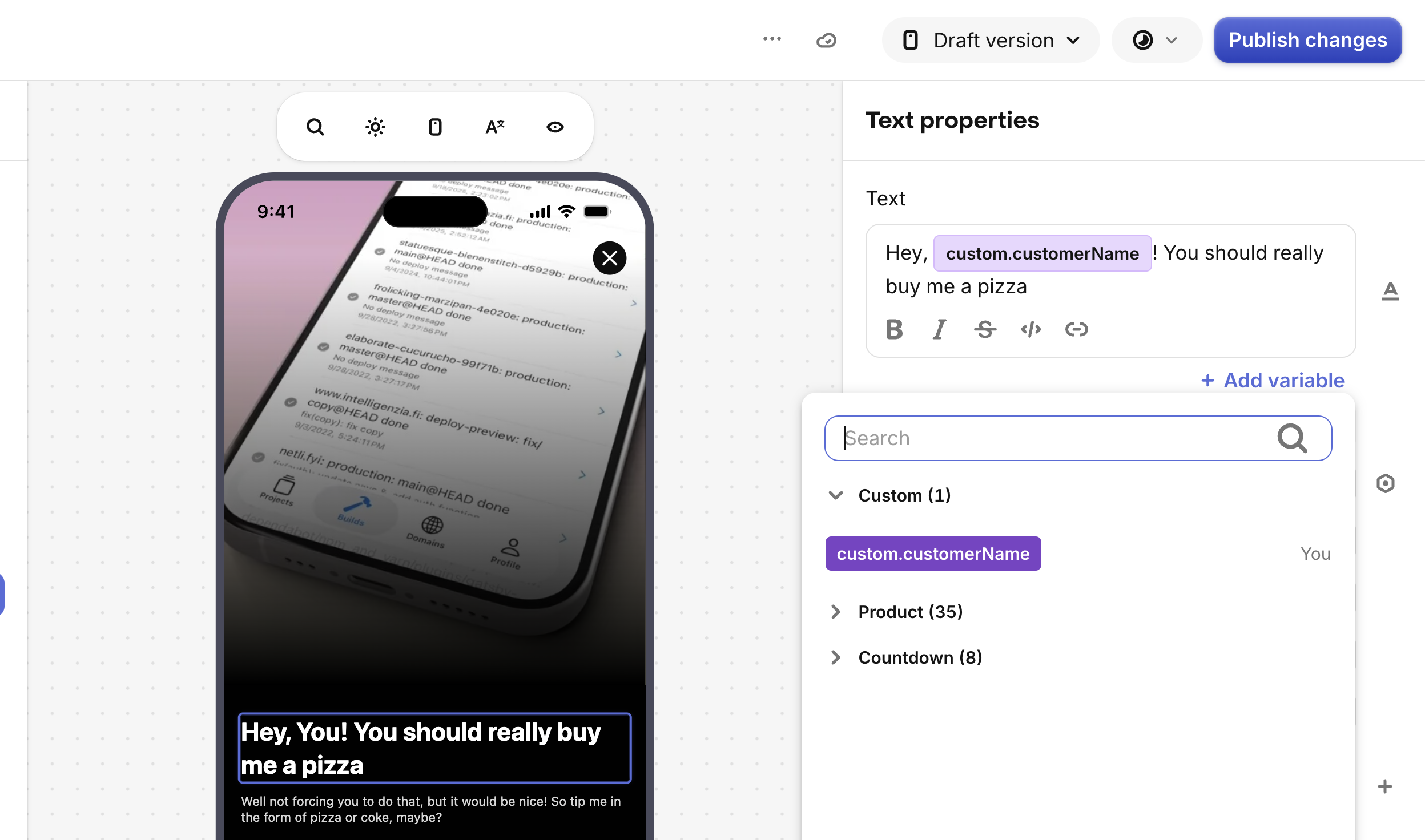 Screenshot: the title text layer with the customerName variable inserted via the "Add variable" button