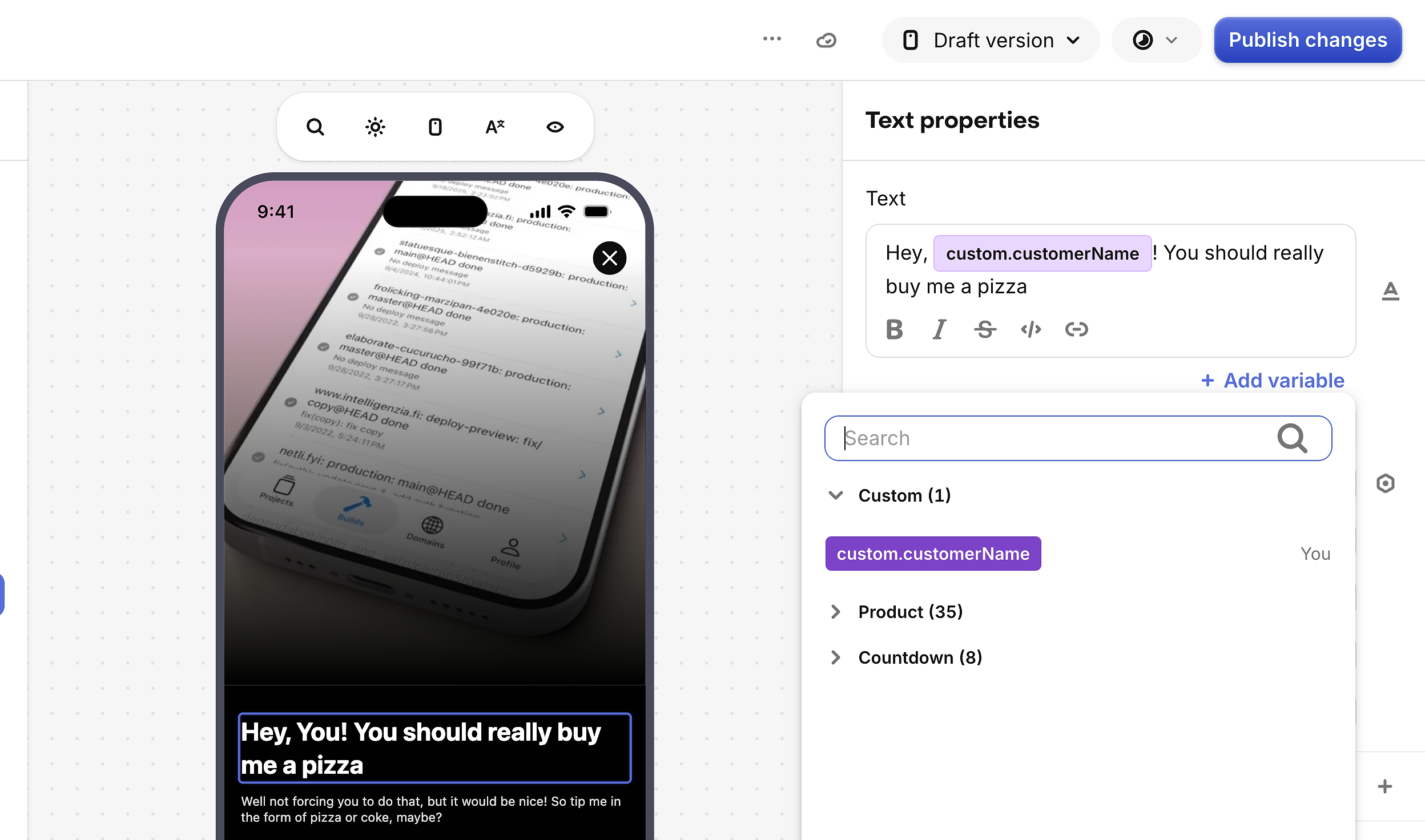 Screenshot: the title text layer with the customerName variable inserted via the "Add variable" button
