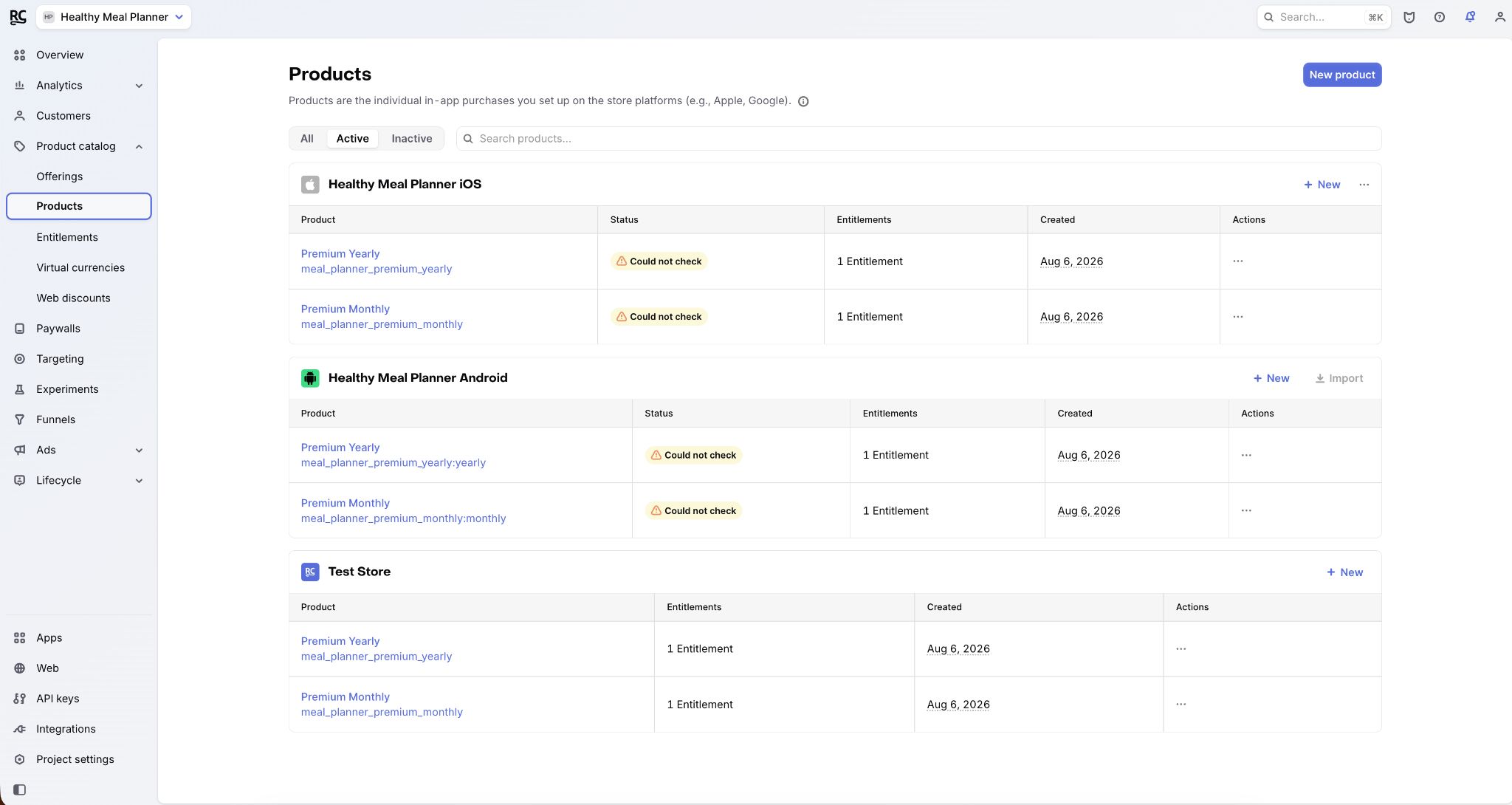 RevenueCat’s Products page for the Healthy Meal Planner project, showing monthly and yearly premium products configured for iOS, Android, and the Test Store.