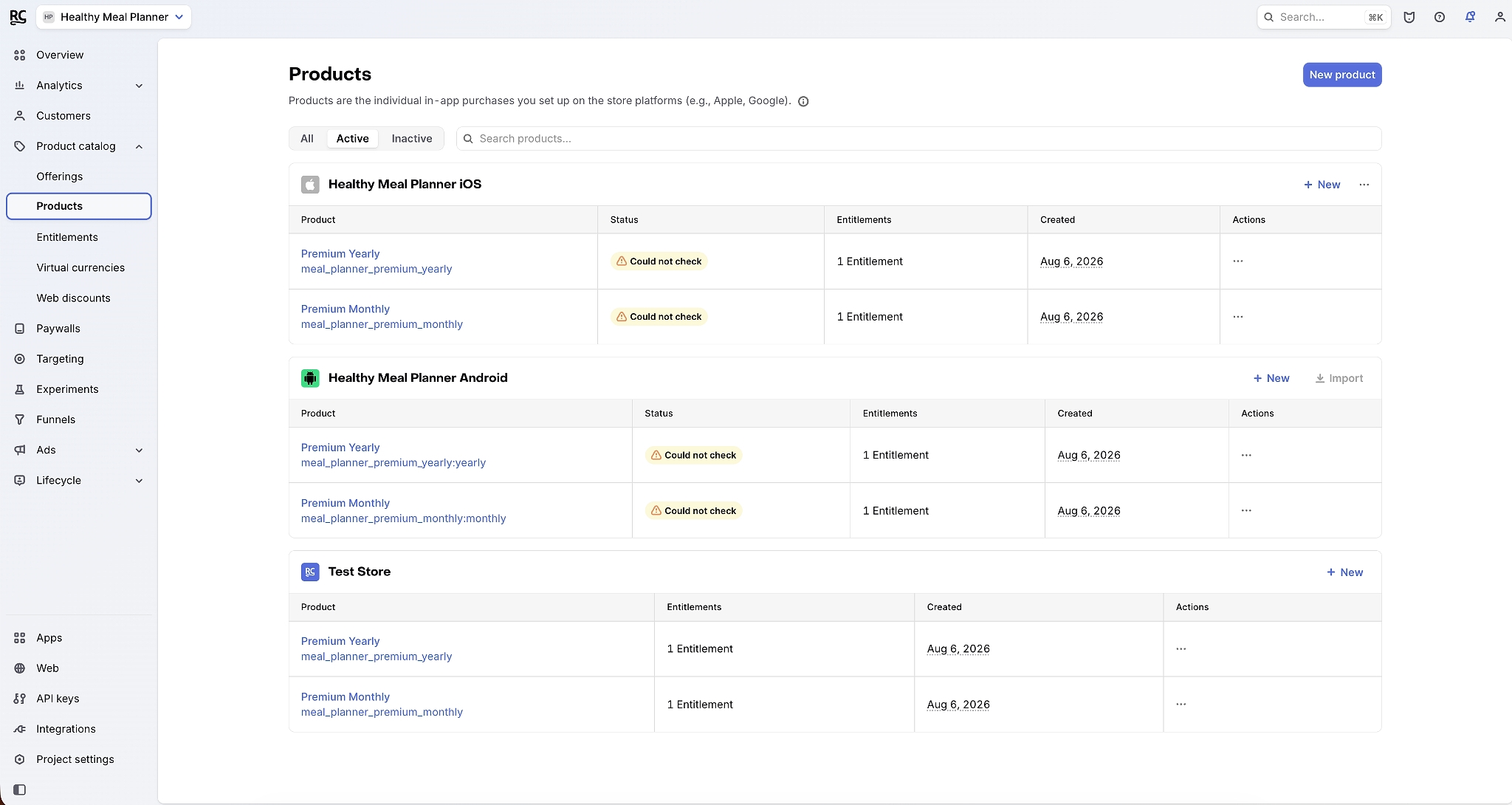 RevenueCat’s Products page for the Healthy Meal Planner project, showing monthly and yearly premium products configured for iOS, Android, and the Test Store.