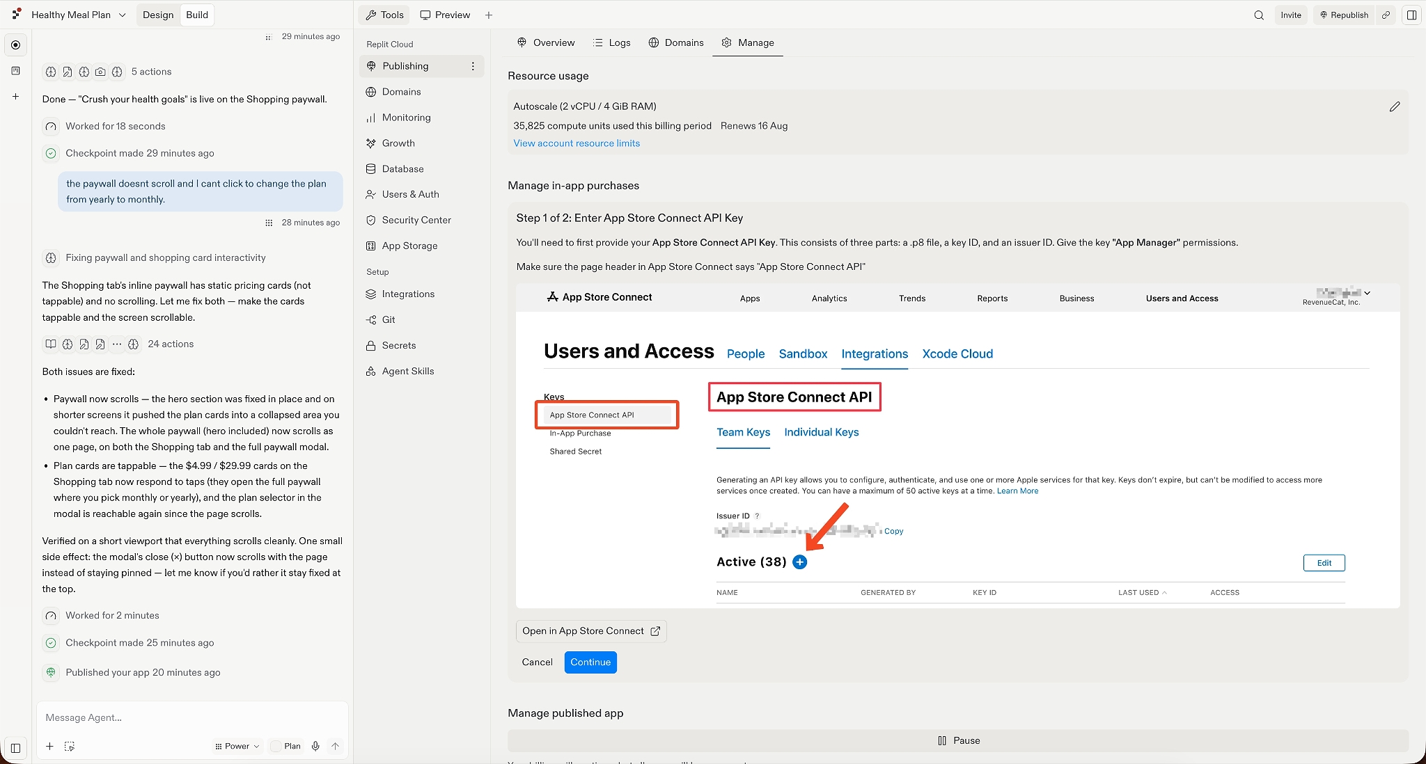 Replit’s in-app purchase setup shows Step 1 of 2: entering an App Store Connect API key, with instructions to provide the .p8 file, key ID, and issuer ID with App Manager permissions.