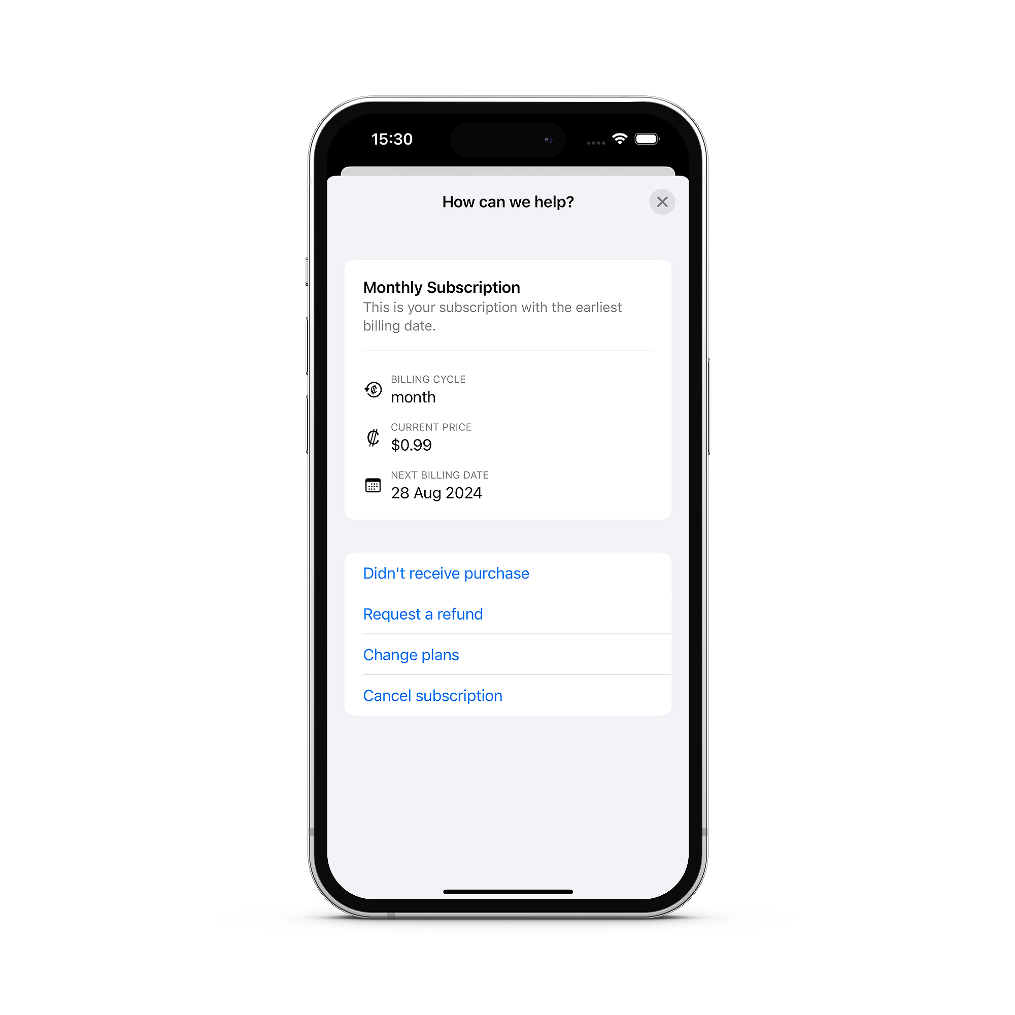 Customer Center Management Screen for active subscriptions