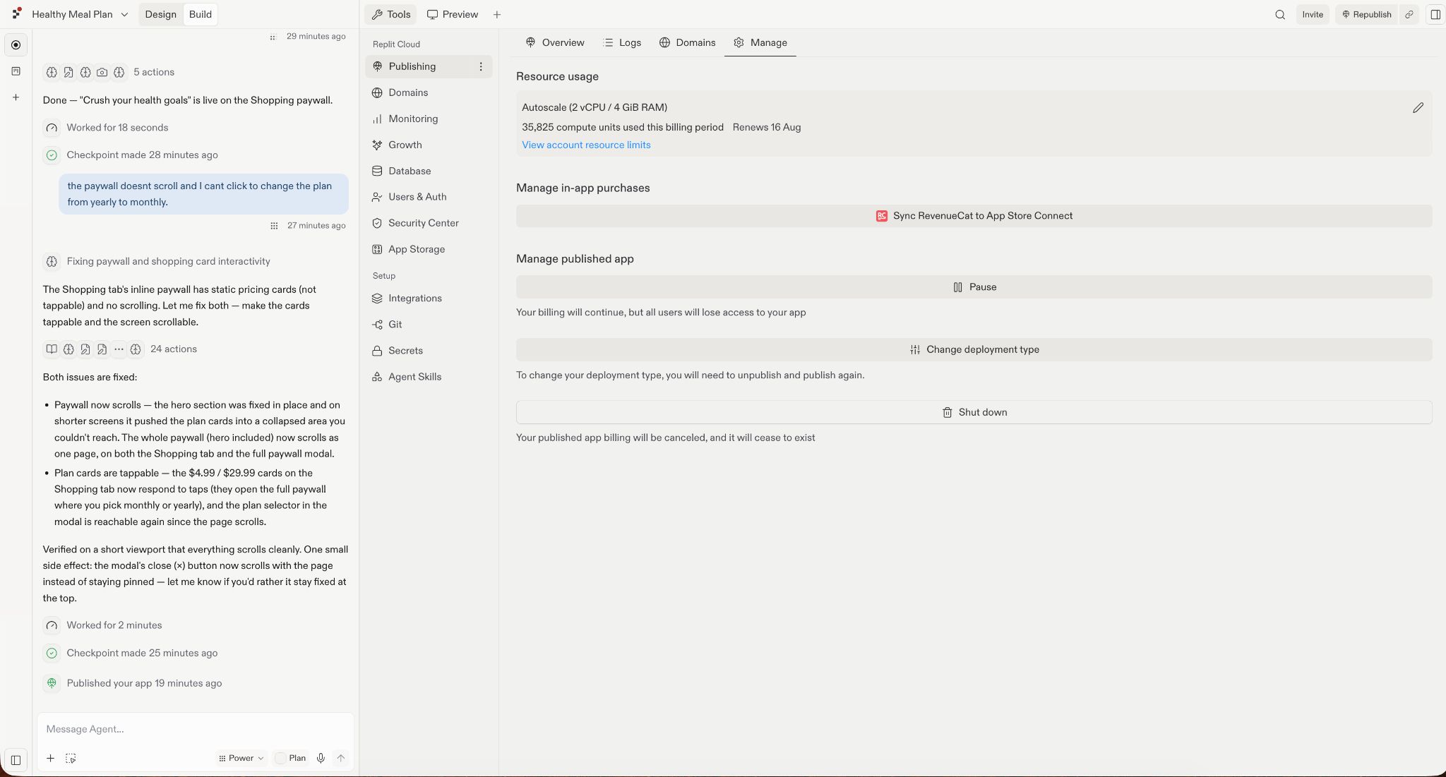 Replit Cloud’s deployment settings show resource usage, an option to sync RevenueCat with App Store Connect, and controls to pause, change the deployment type, or shut down the published app.