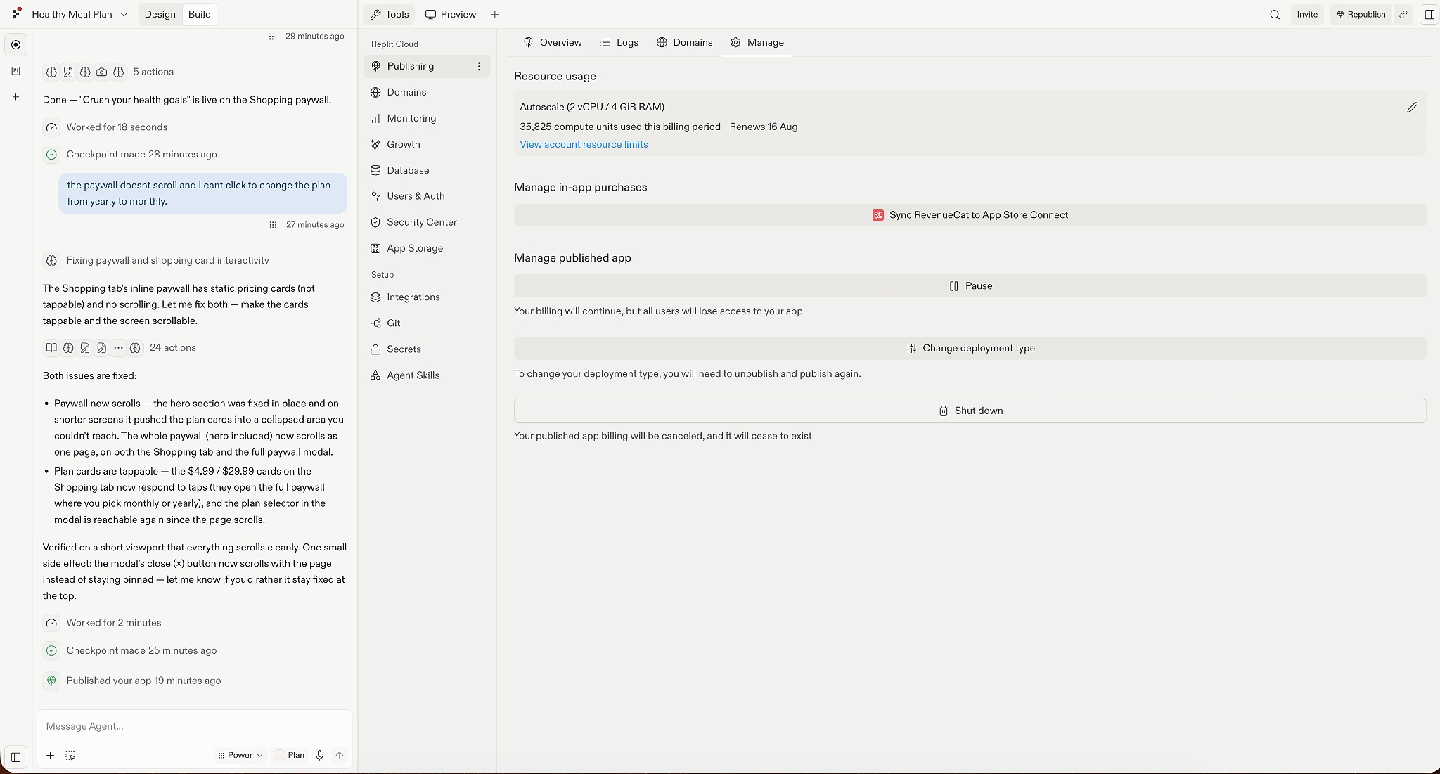 Replit Cloud’s deployment settings show resource usage, an option to sync RevenueCat with App Store Connect, and controls to pause, change the deployment type, or shut down the published app.