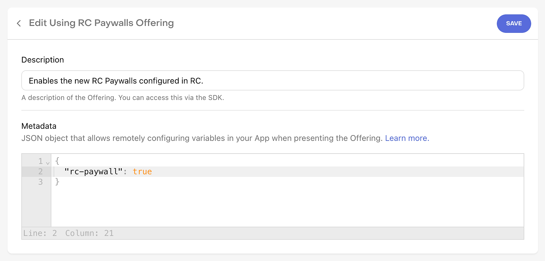 Metadata section of the Offering details screen showing the "rc-paywall" property.