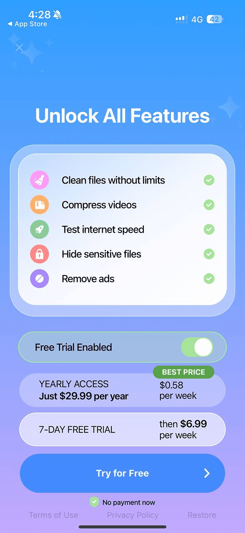 Subscription paywall example emphasizing a free trial period with clear, repeated messaging.