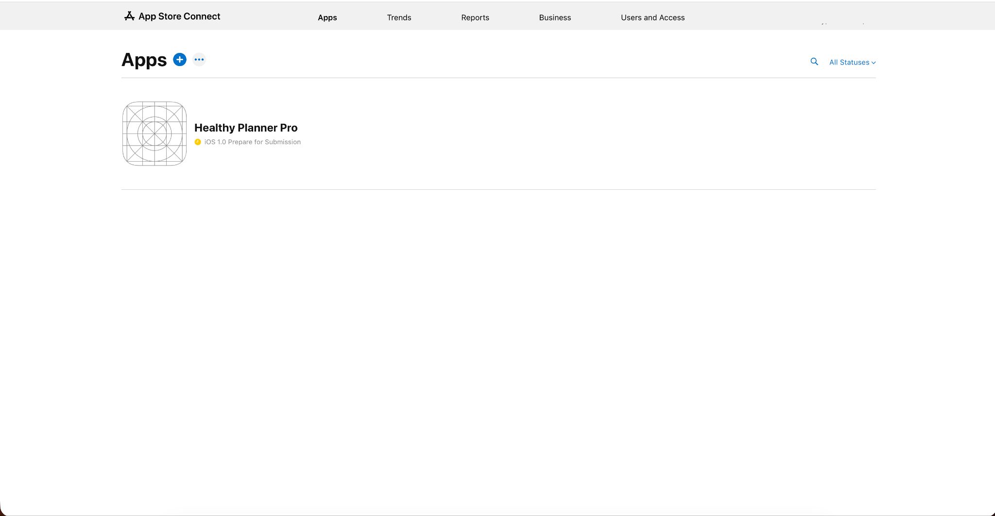 App Store Connect’s Apps page shows "Healthy Planner Pro" listed as an iOS app, version 1.0, with a "Prepare for Submission" status.