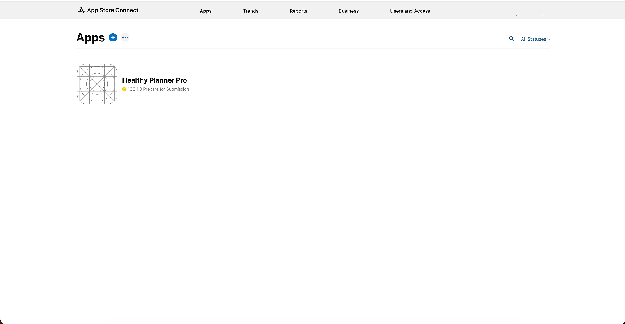 App Store Connect’s Apps page shows "Healthy Planner Pro" listed as an iOS app, version 1.0, with a "Prepare for Submission" status.