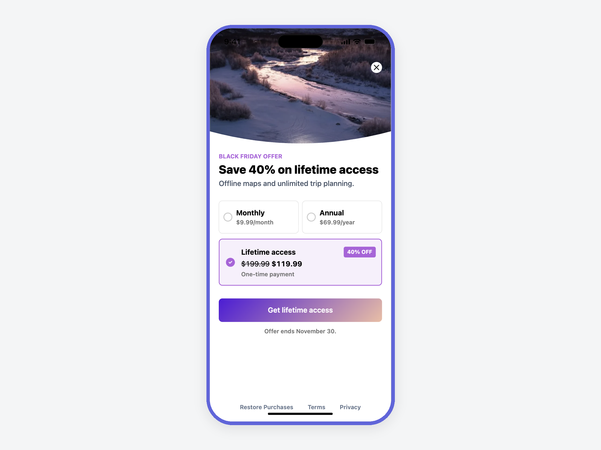 Travel app paywall offering 40% off lifetime access for $119.99, alongside monthly and annual options, with a November 30 deadline.