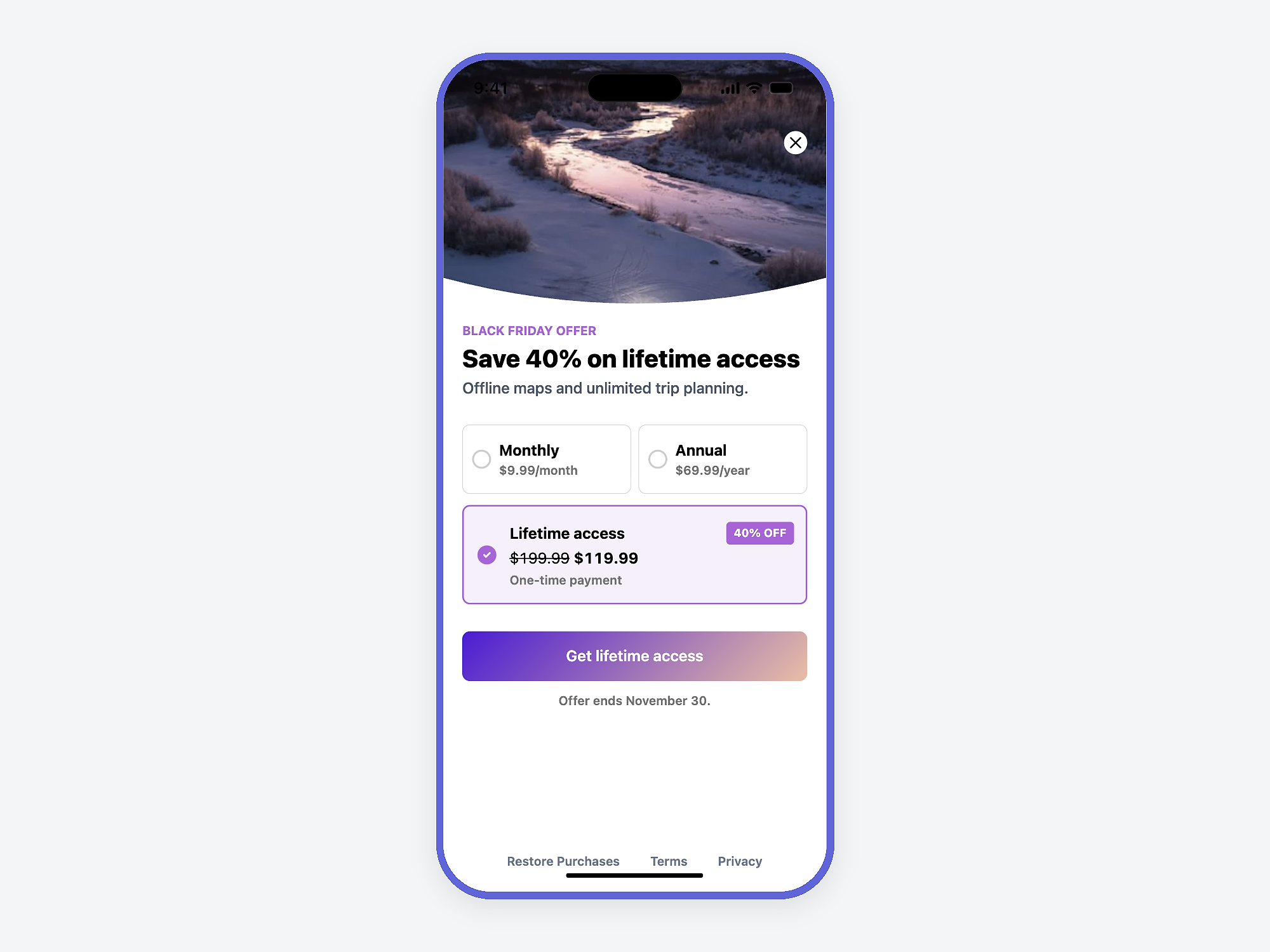 Travel app paywall offering 40% off lifetime access for $119.99, alongside monthly and annual options, with a November 30 deadline.