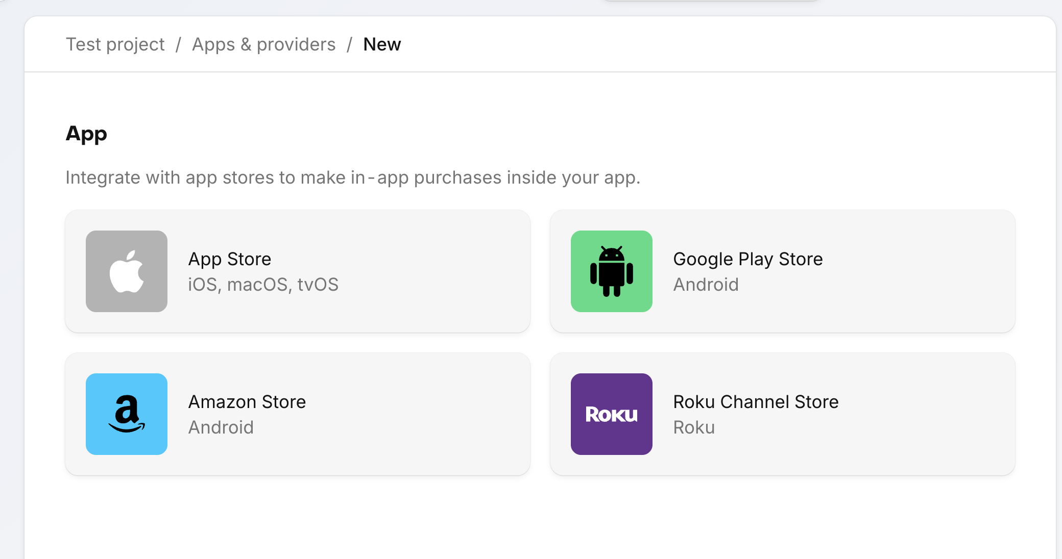 Screenshot of the different integrations RevenueCat offers: Google Play Store, App Store, Amazon Store.