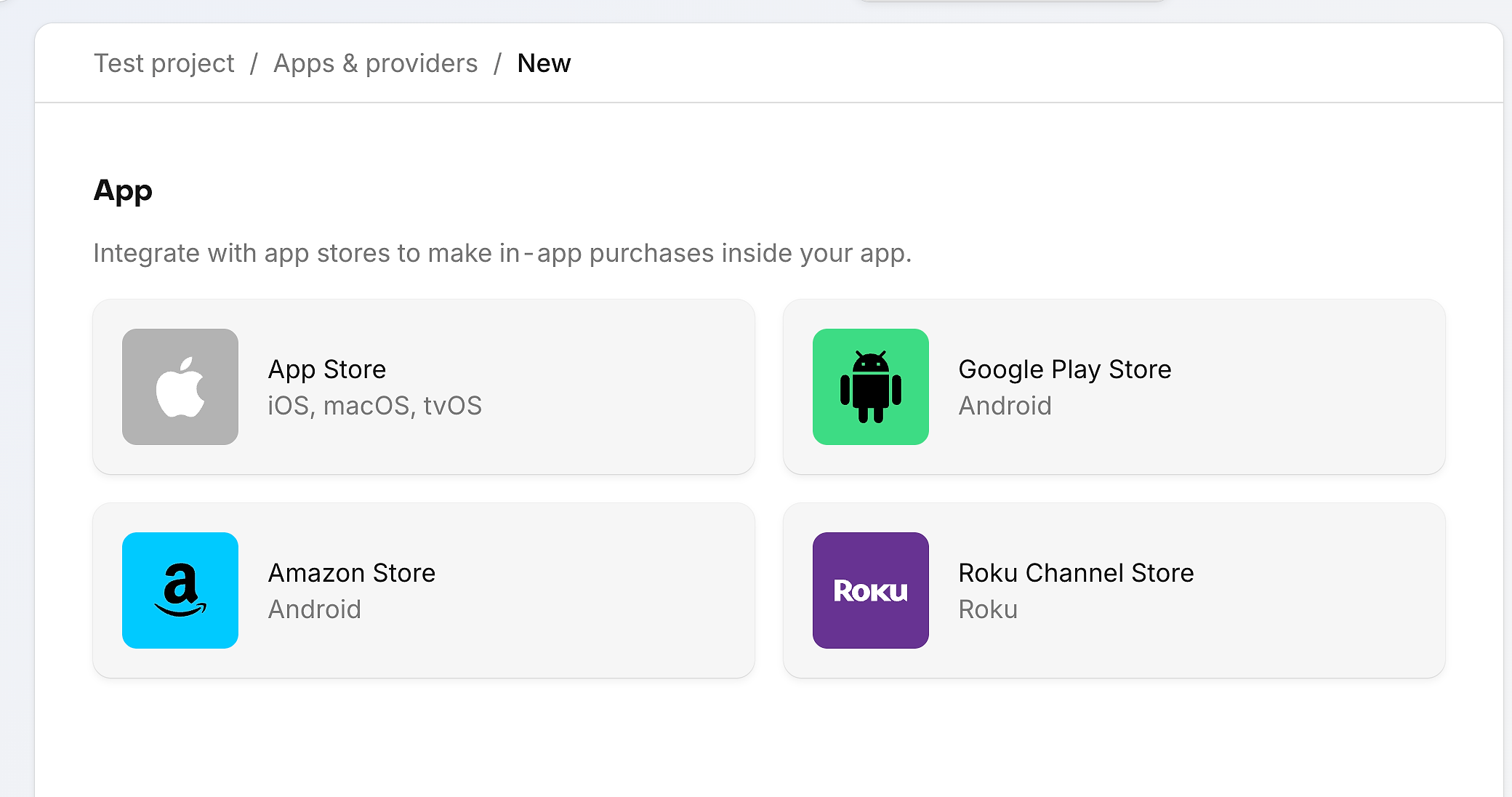 Screenshot of the different integrations RevenueCat offers: Google Play Store, App Store, Amazon Store.