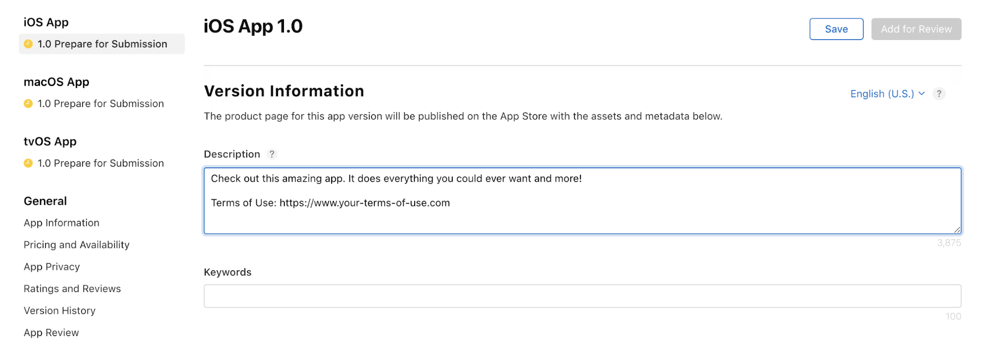 Example of Terms of Use link in the app description field