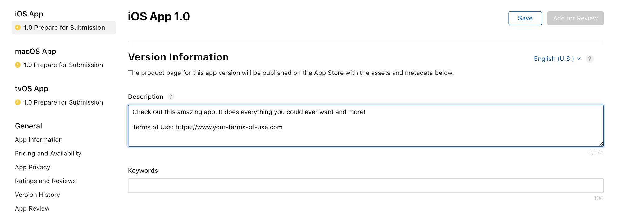 Example of Terms of Use link in the app description field