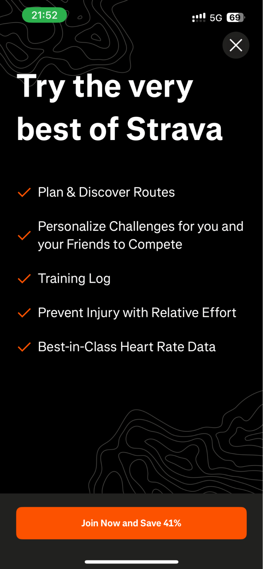 Strava’s dark-themed paywall with short benefit list and standout CTA