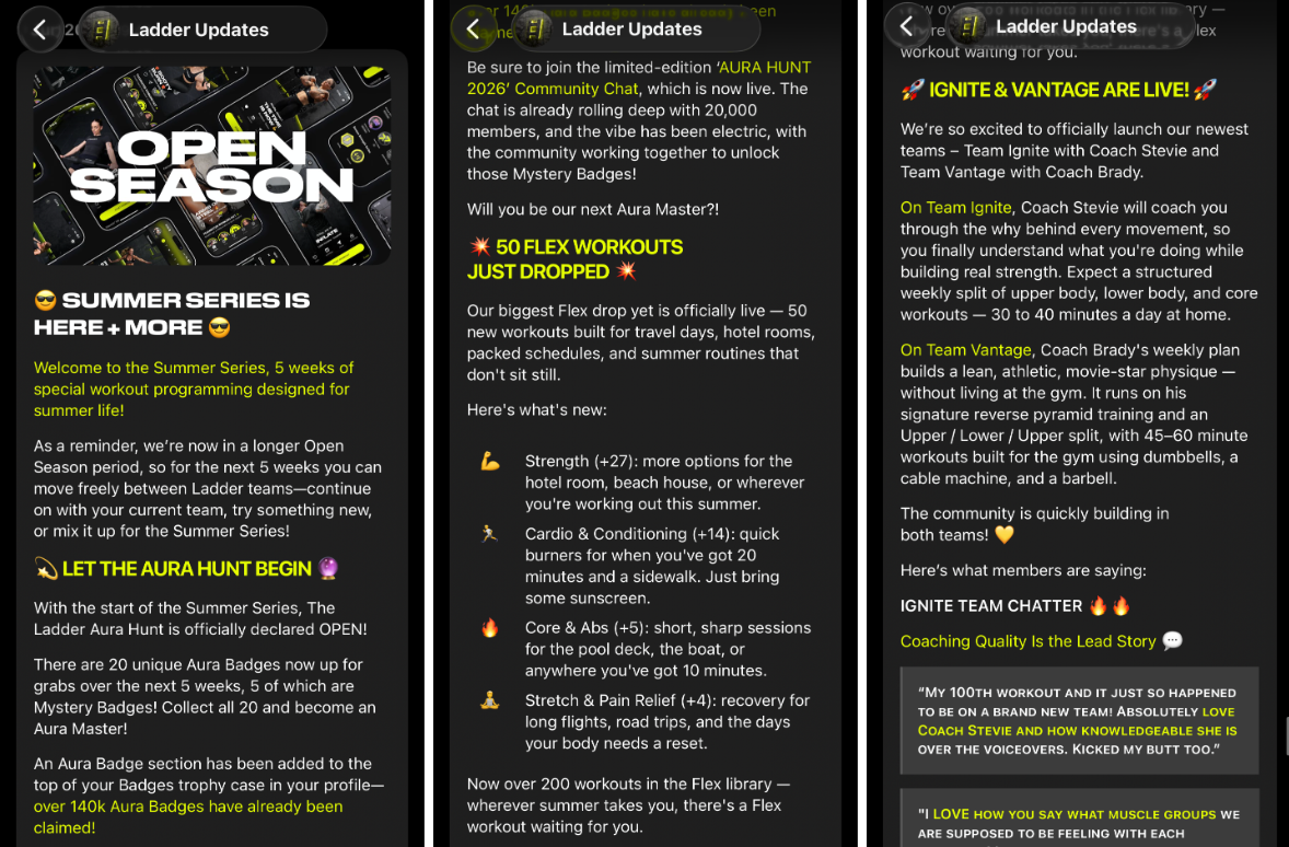 three screenshots showing updates from Ladder app revealing their summer series campaign