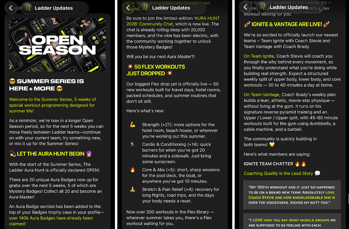 three screenshots showing updates from Ladder app revealing their summer series campaign