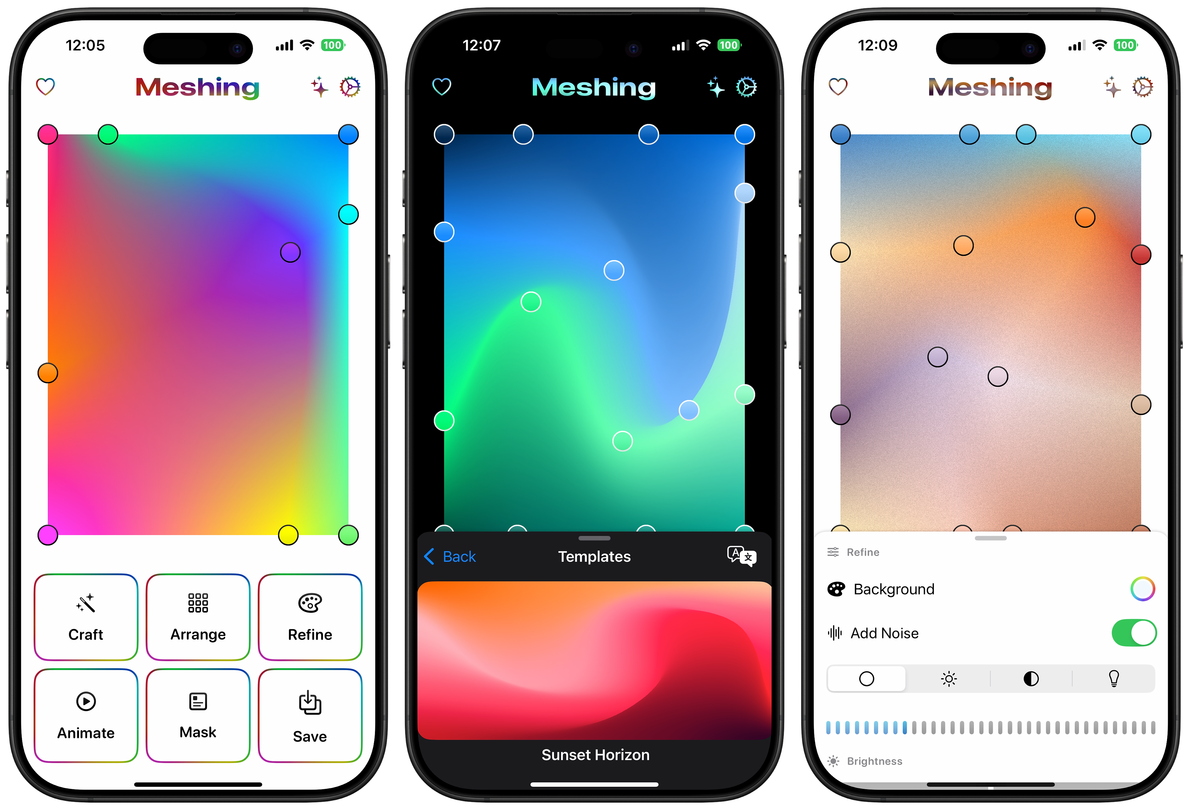 Screenshots of using the Meshing app to create mesh gradients.