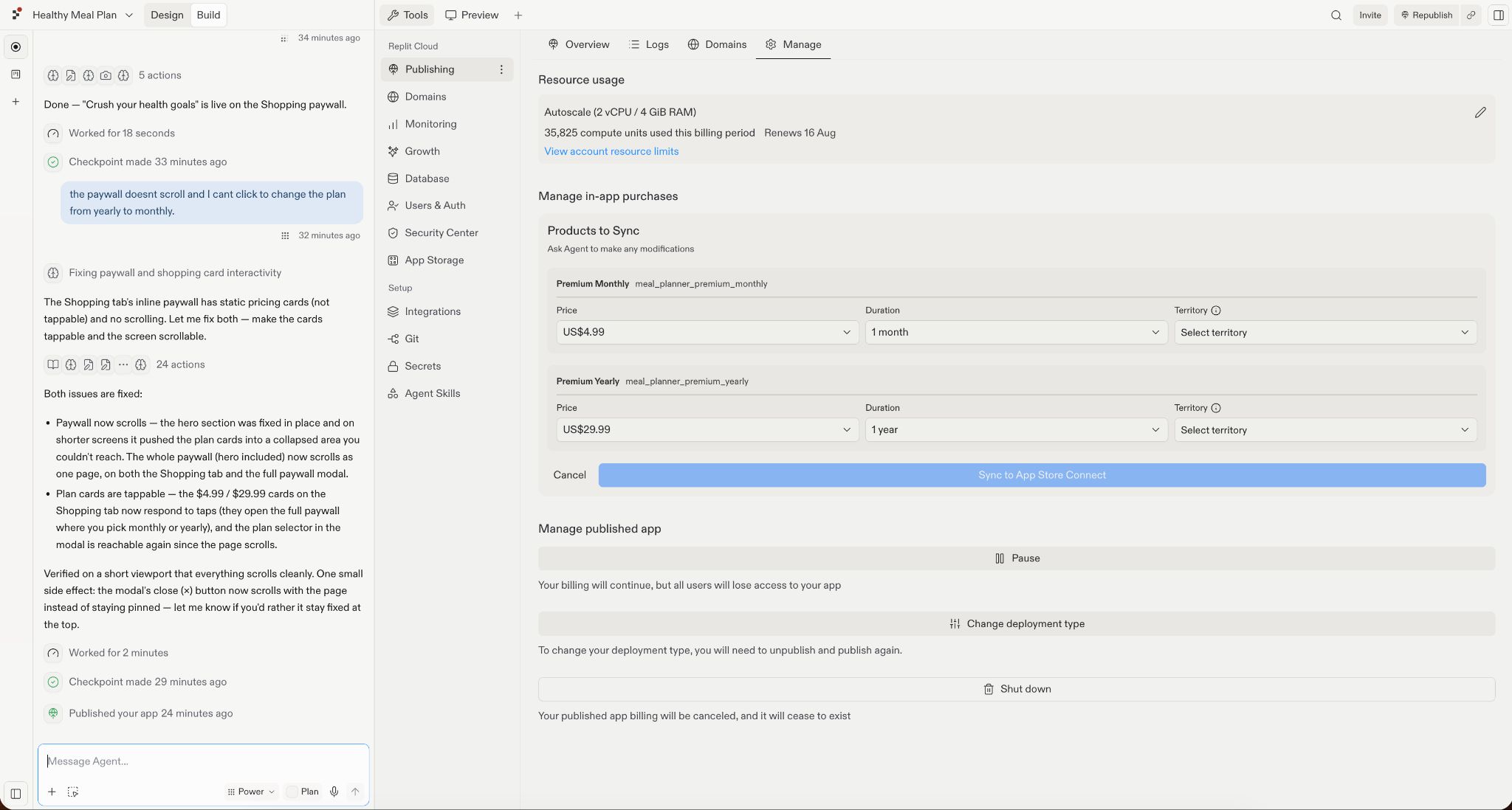 Replit Cloud’s in-app purchase management shows monthly and yearly RevenueCat products ready to sync with App Store Connect, priced at US$4.99 per month and US$29.99 per year.