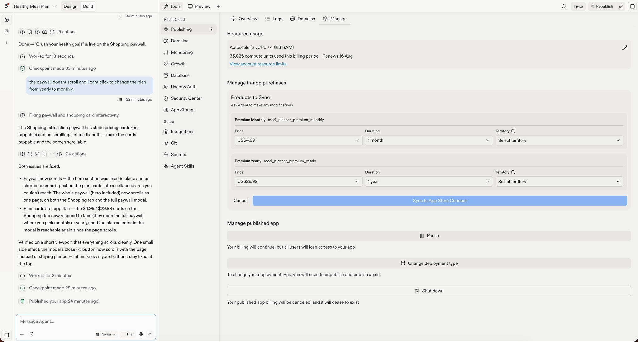 Replit Cloud’s in-app purchase management shows monthly and yearly RevenueCat products ready to sync with App Store Connect, priced at US$4.99 per month and US$29.99 per year.
