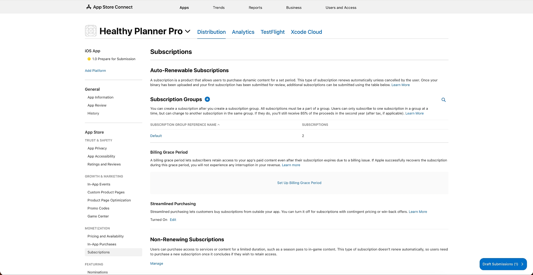 App Store Connect’s Subscriptions page for Healthy Planner Pro shows an auto-renewable subscription group named “Default” containing two subscriptions, with the app version marked "Prepare for Submission".
