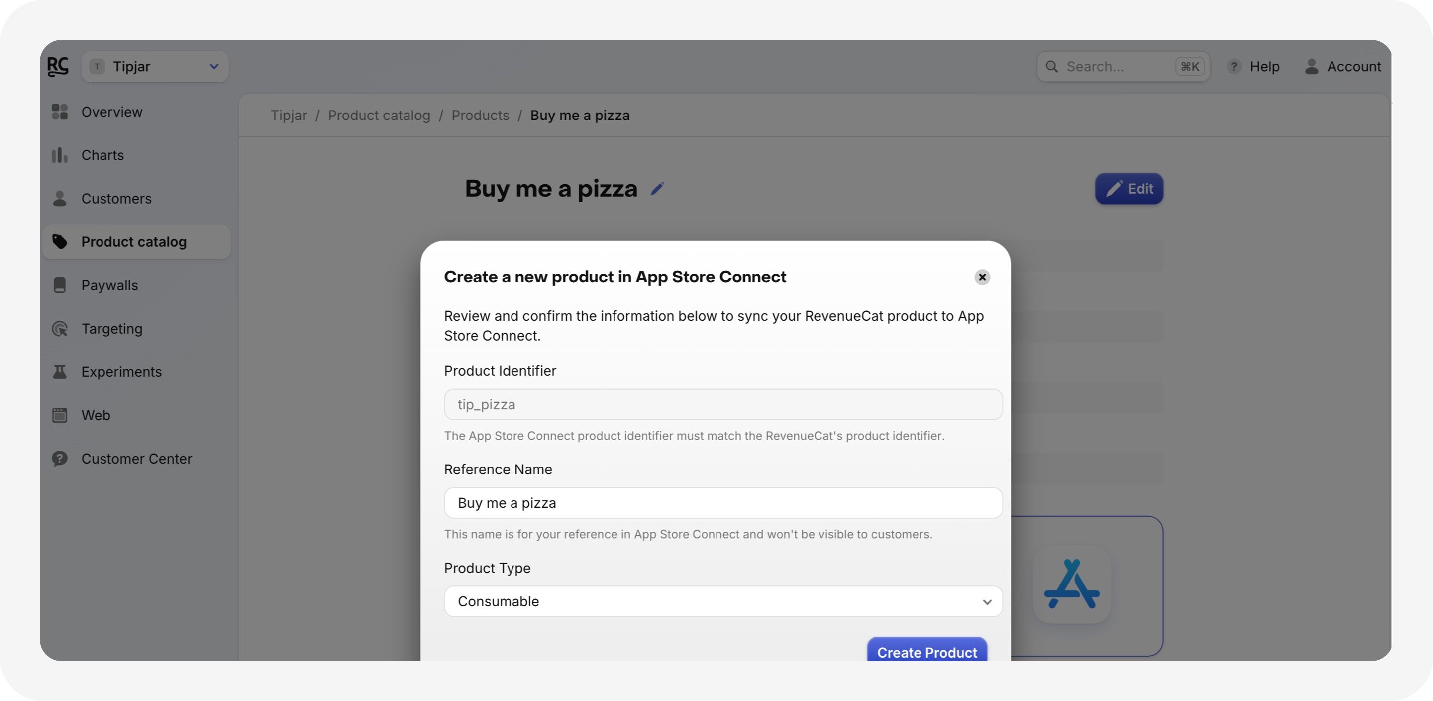Screenshot of RevenueCat dashboard and App Store Connect product creation.