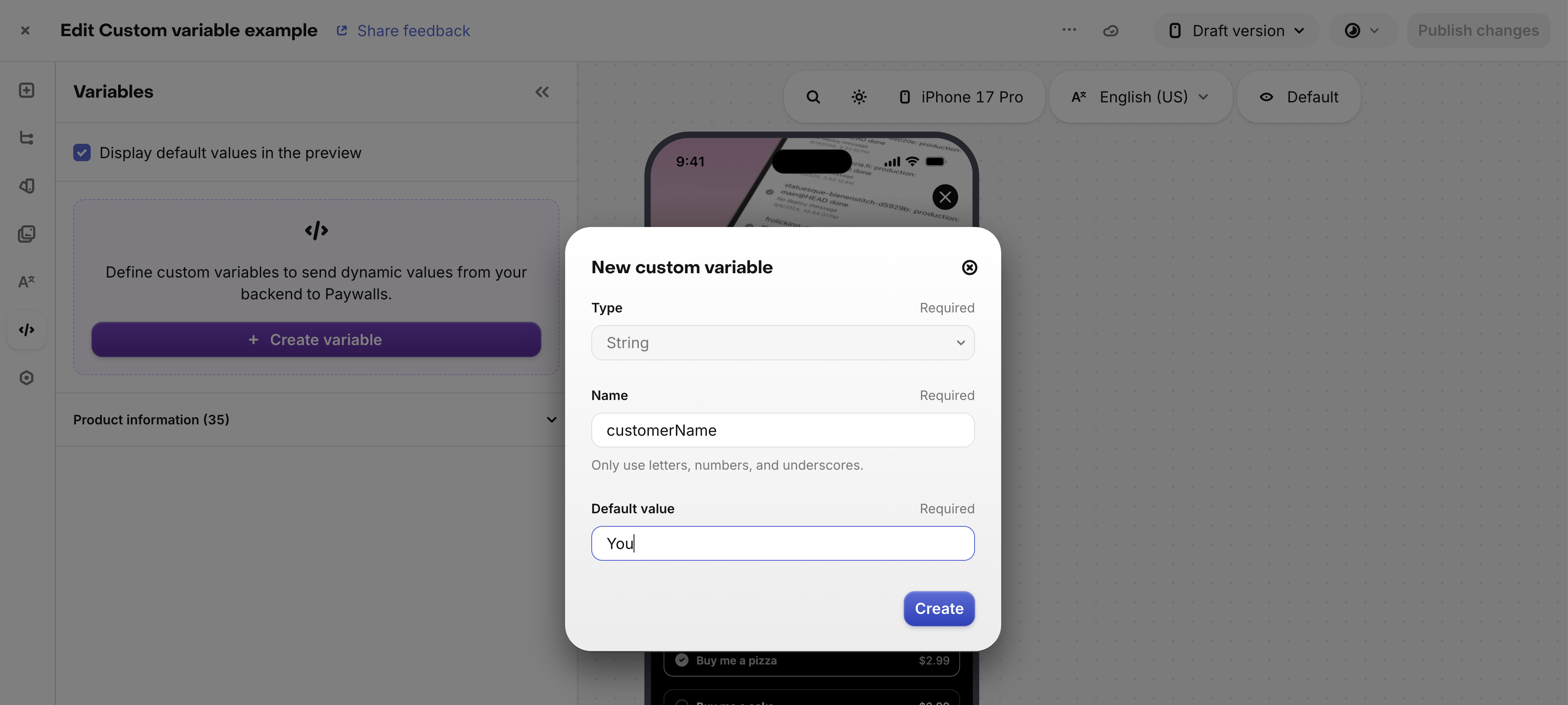 Screenshot: creating the customerName variable with "You" as the default value