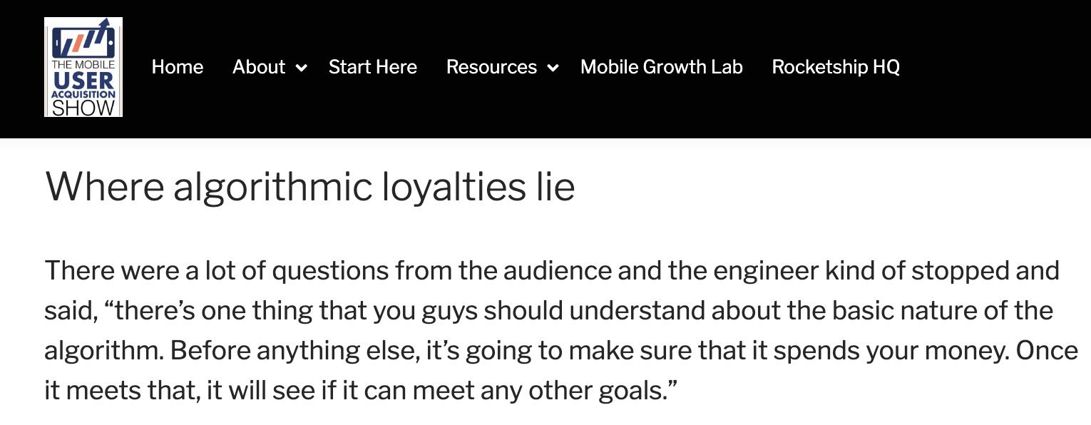 The primary goal of Google's optimization algorithm, source: Mobile UA show.