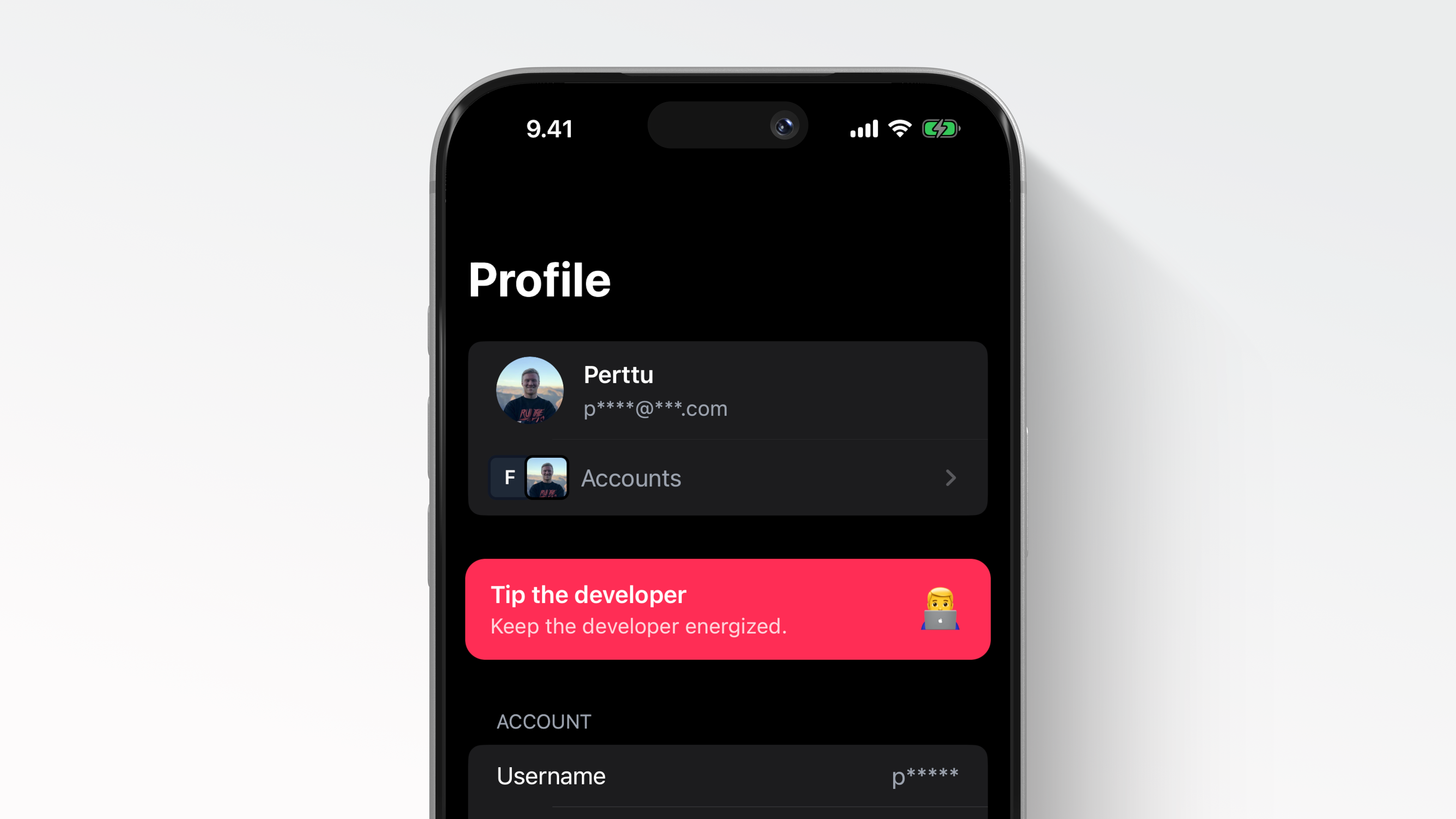 Screenshot: the example app showing the "Tip the developer" button