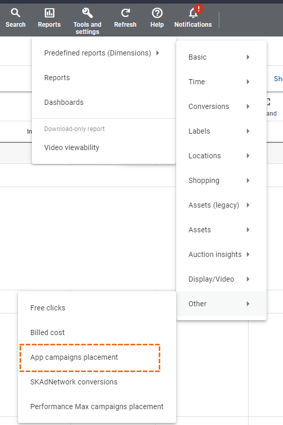 The "App campaigns placement" report is well hidden